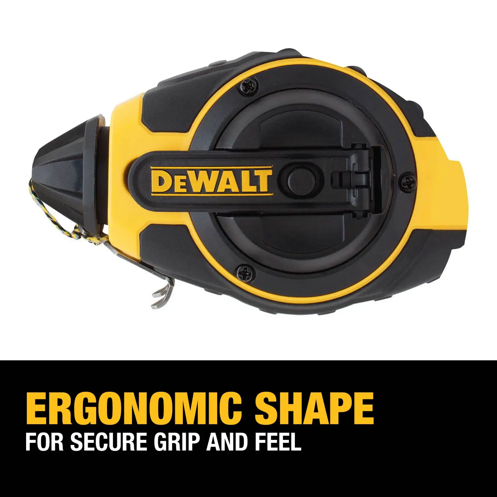 A DEWALT chalk line tool with a yellow and black ergonomic shape designed for a secure grip and feel, shown with highlighted branding and the text 'ERGONOMIC SHAPE FOR SECURE GRIP AND FEEL' beneath the tool.