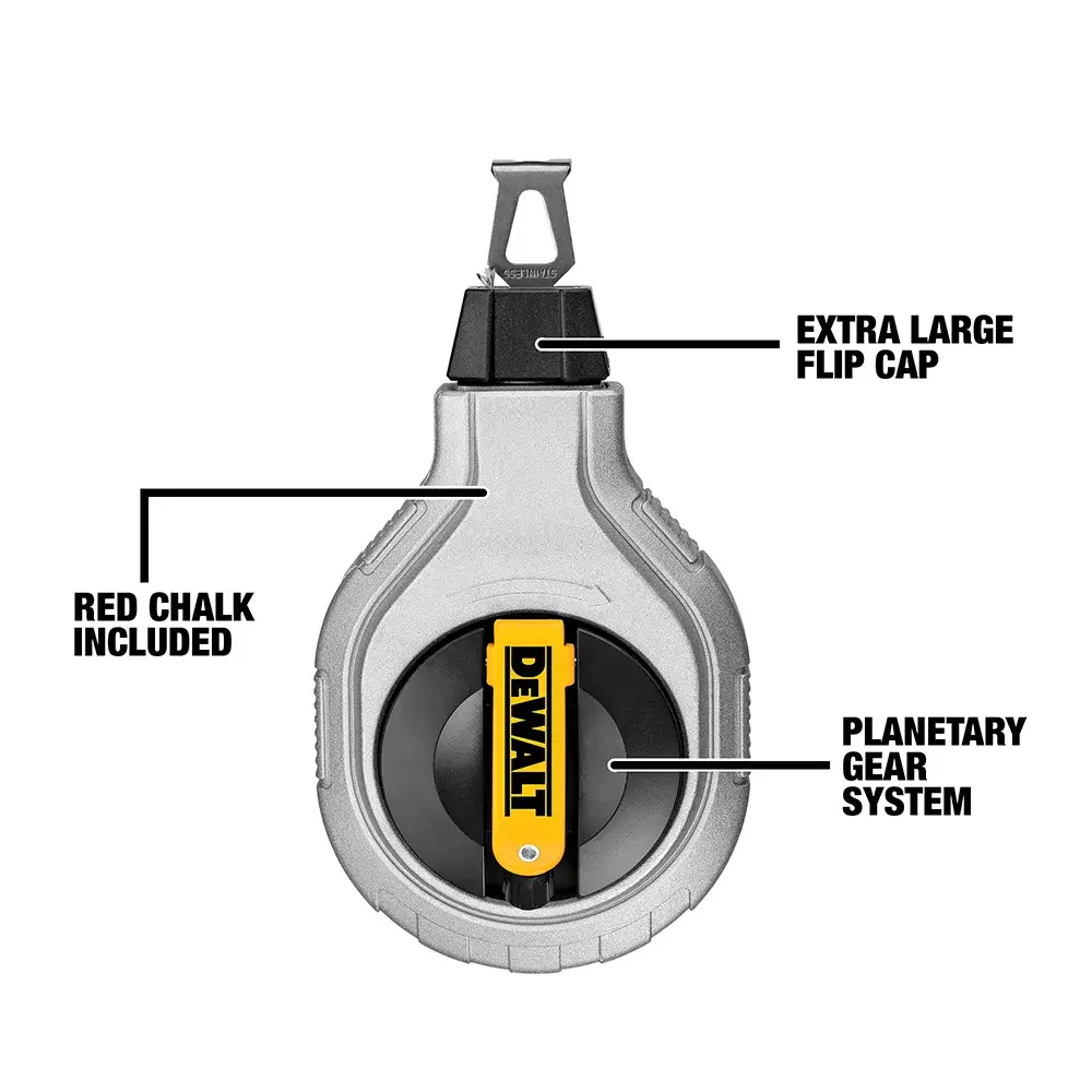 A DEWALT chalk line reel with highlighted features including an extra large flip cap, red chalk included, and planetary gear system.