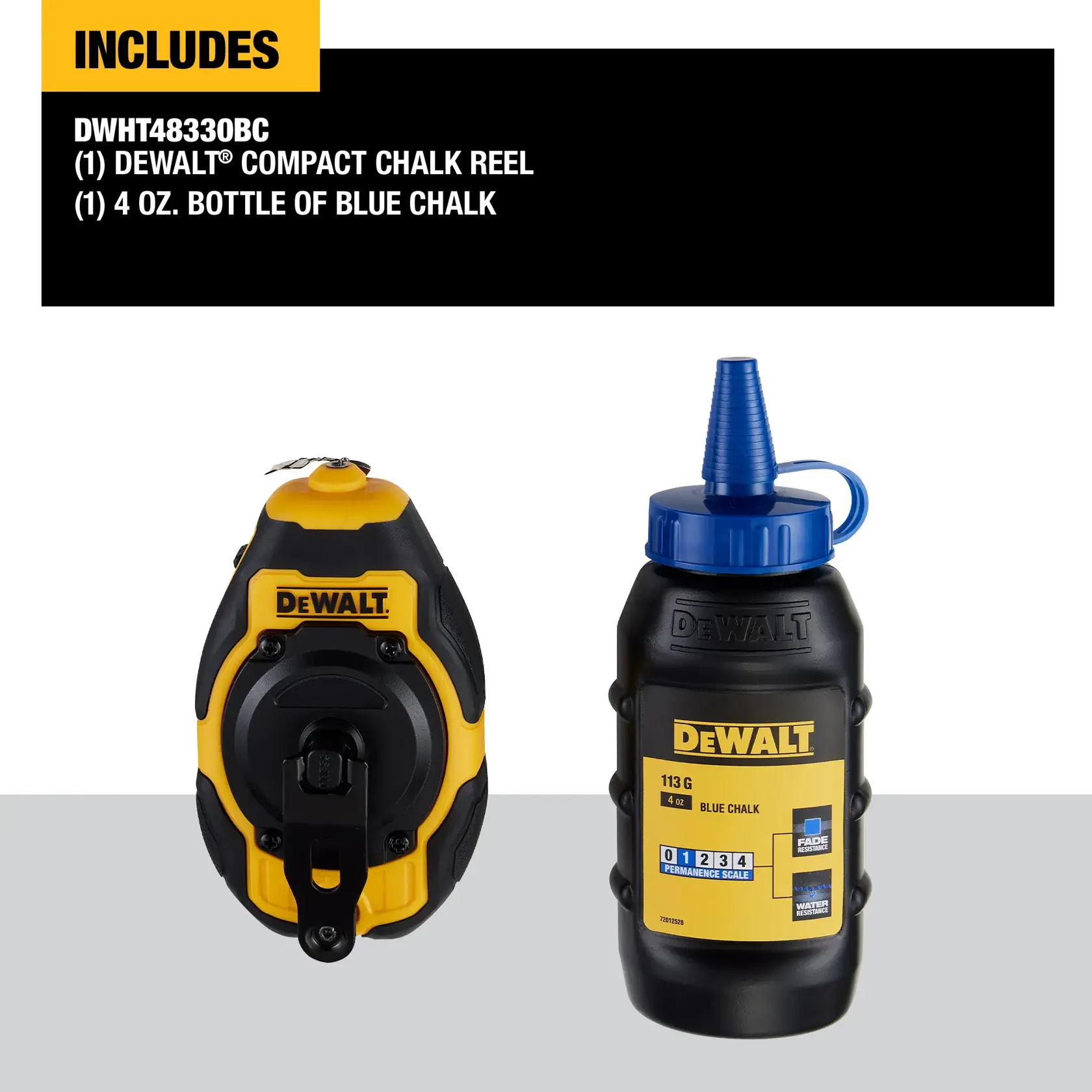 DEWALT compact chalk reel and 4 oz. bottle of blue chalk shown side by side. The chalk reel is black and yellow, and the chalk bottle is black with a blue cap and yellow label. The set includes both items, as indicated on the top information panel.