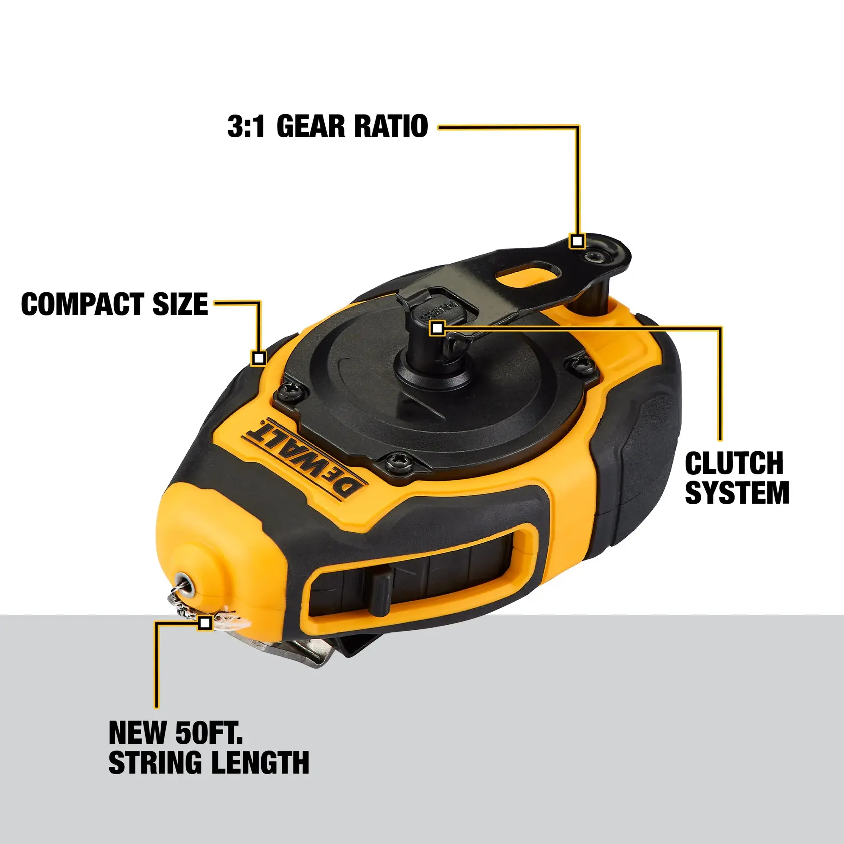 DEWALT chalk line tool featuring a compact size, 3:1 gear ratio, clutch system, and new 50 ft. string length. The tool is black and yellow with labeled features.