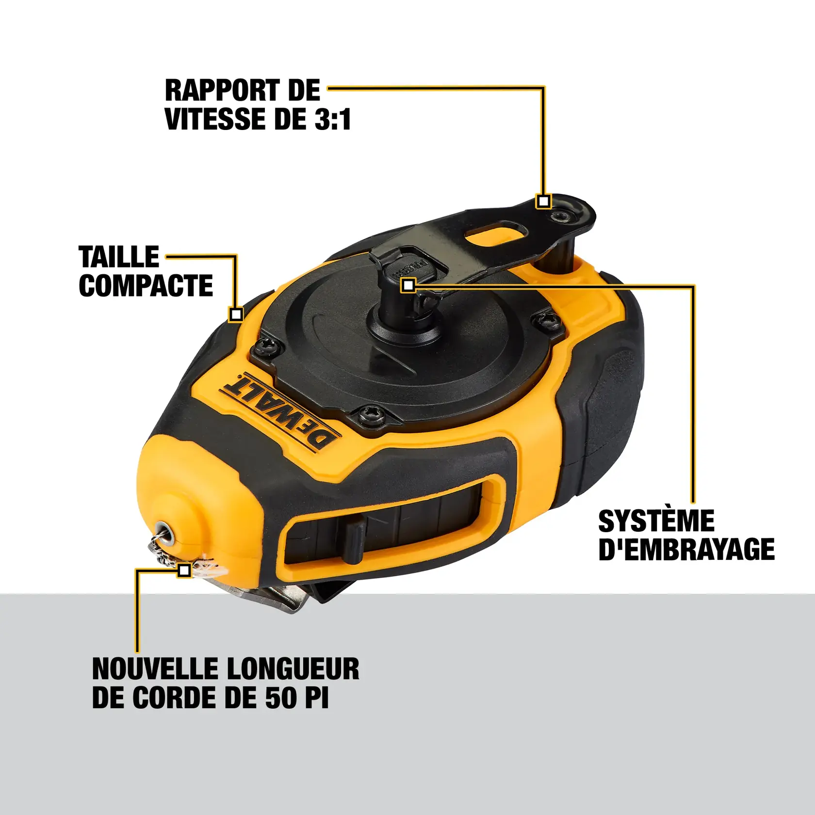 DEWALT chalk line tool featuring a compact size, 3:1 gear ratio, clutch system, and new 50 ft. string length. The tool is black and yellow with labeled features.