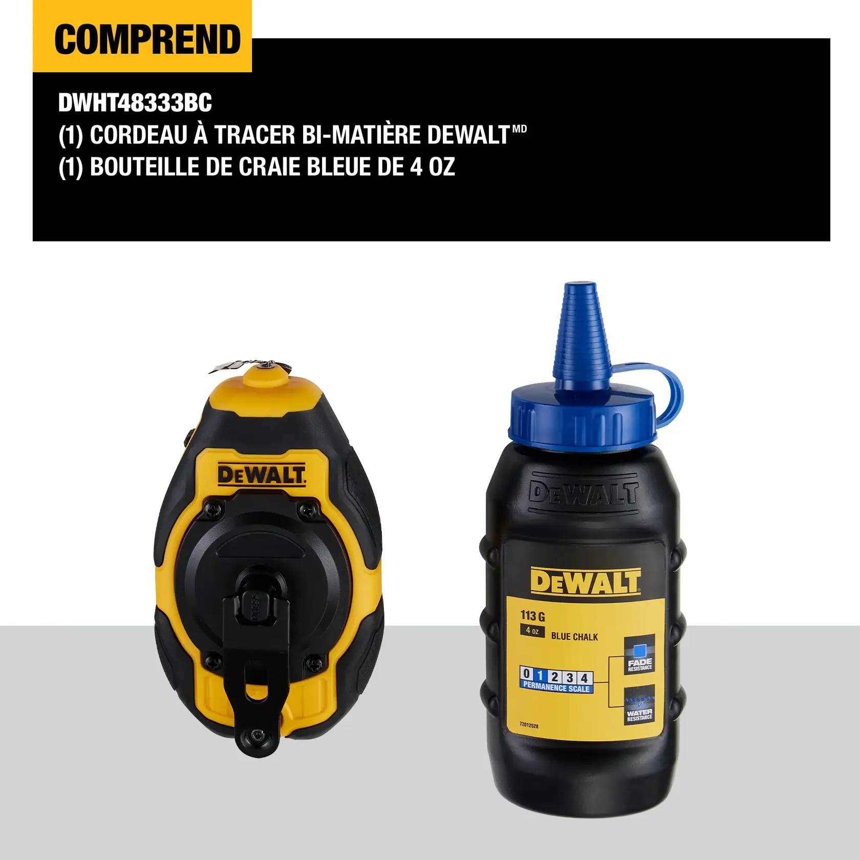 DEWALT DWHT48333BC set, featuring a bi-material chalk reel and a 4 oz. bottle of blue chalk. Both items are displayed with prominent DEWALT branding and product details.