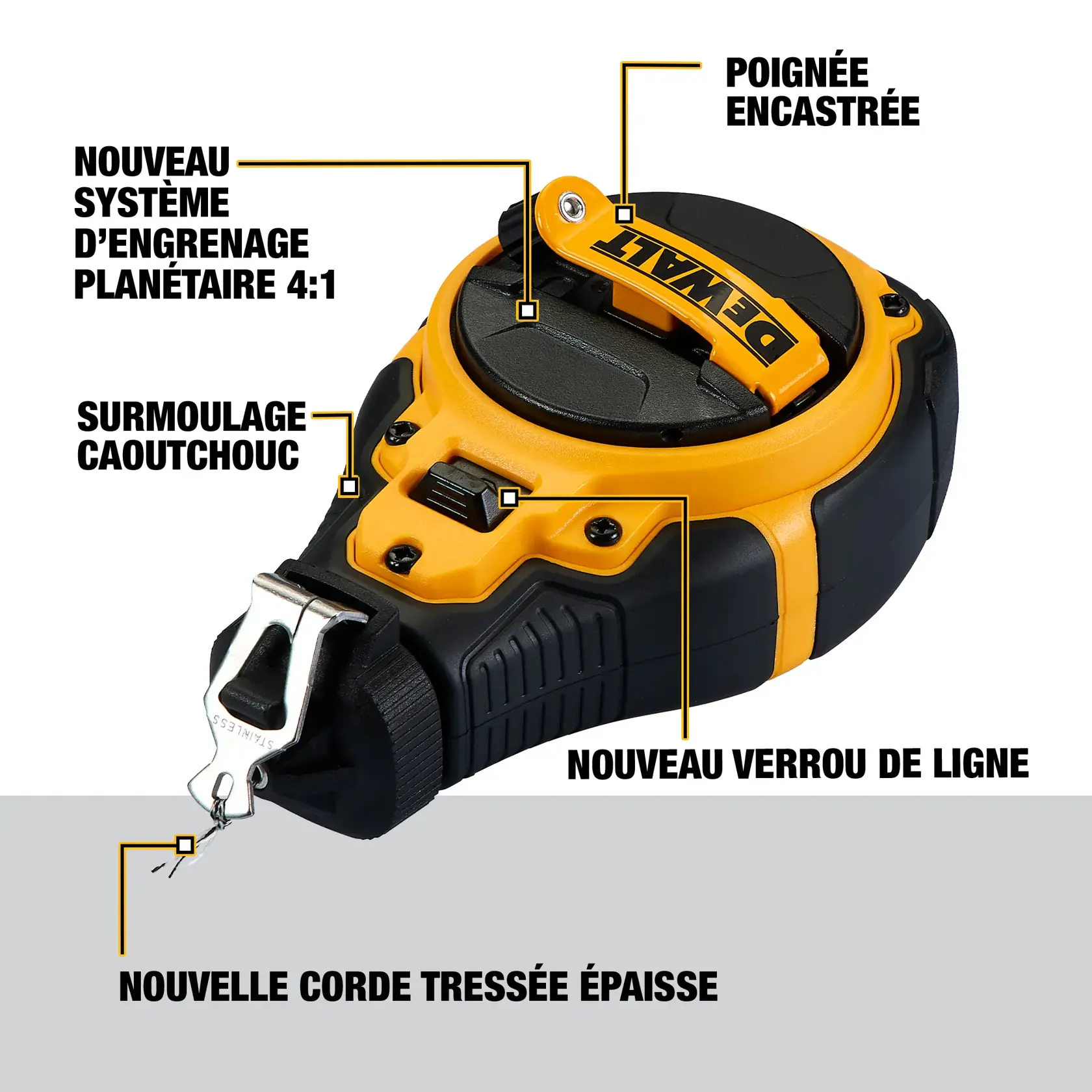 DEWALT chalk line tool with labeled features: new 4:1 planetary gear system, flush handle design, rubber overmold, new line lock, and new bold braided line.