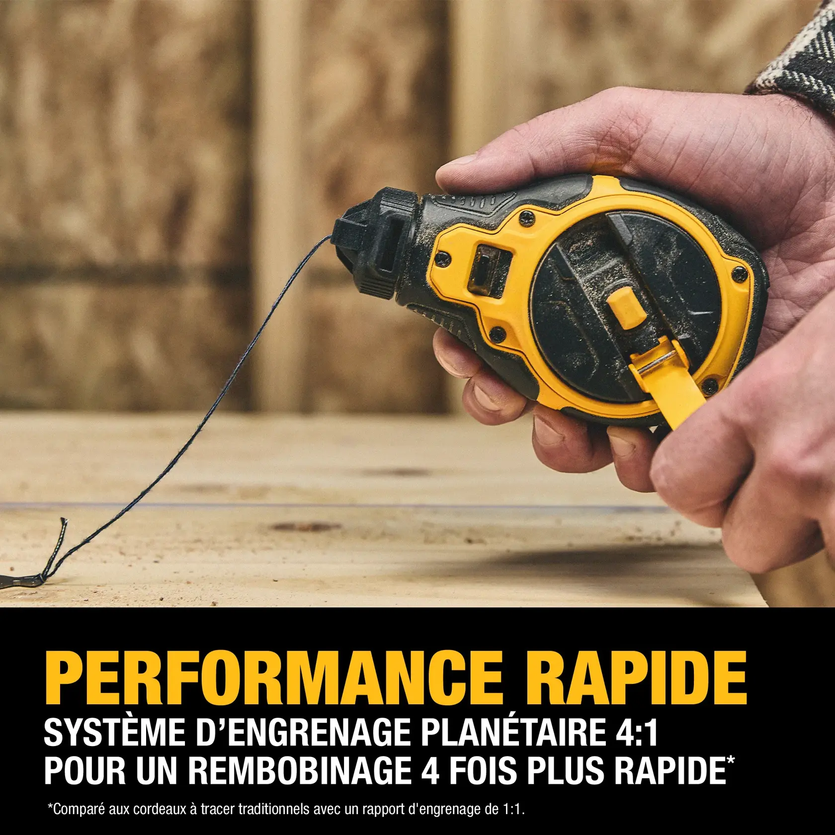 A hand is holding a DEWALT chalk reel with a yellow and black design, pulling a line across a wooden surface. Text below highlights the product's fast performance with a 4:1 planetary gear system for 4 times faster rewind compared to traditional chalk reels.
