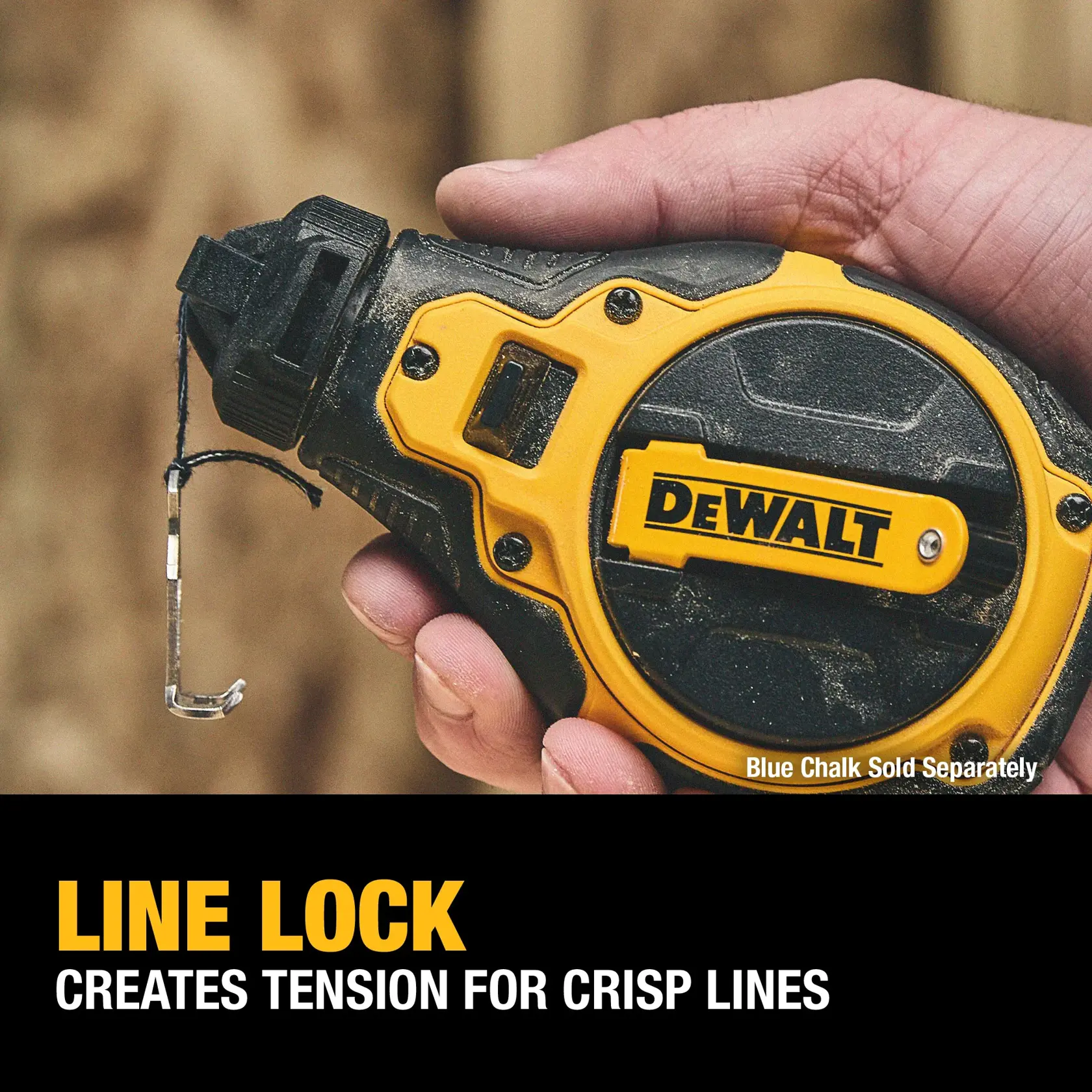 A close-up of a hand holding a DEWALT chalk line tool. The tool features a line lock for creating tension and crisp lines. Text at the bottom reads: 'LINE LOCK CREATES TENSION FOR CRISP LINES.'