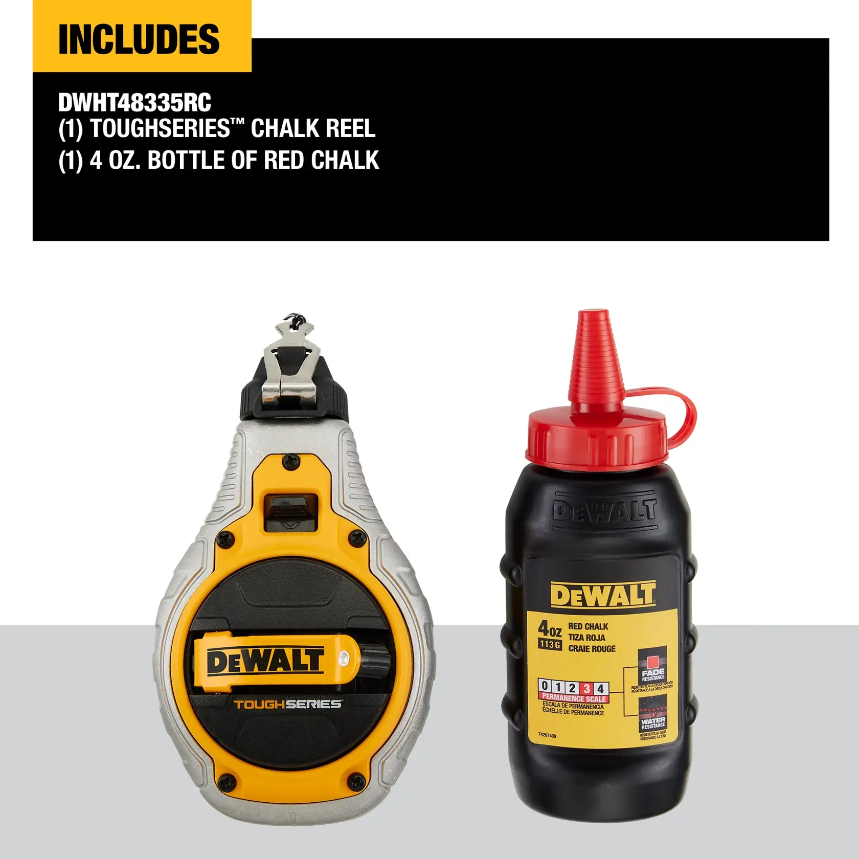 Image shows a DEWALT TOUGHSERIES chalk reel and a 4 oz. bottle of red chalk. The chalk reel is gray and yellow with a DEWALT label, and the bottle of red chalk is black with a red cap and yellow DEWALT label.