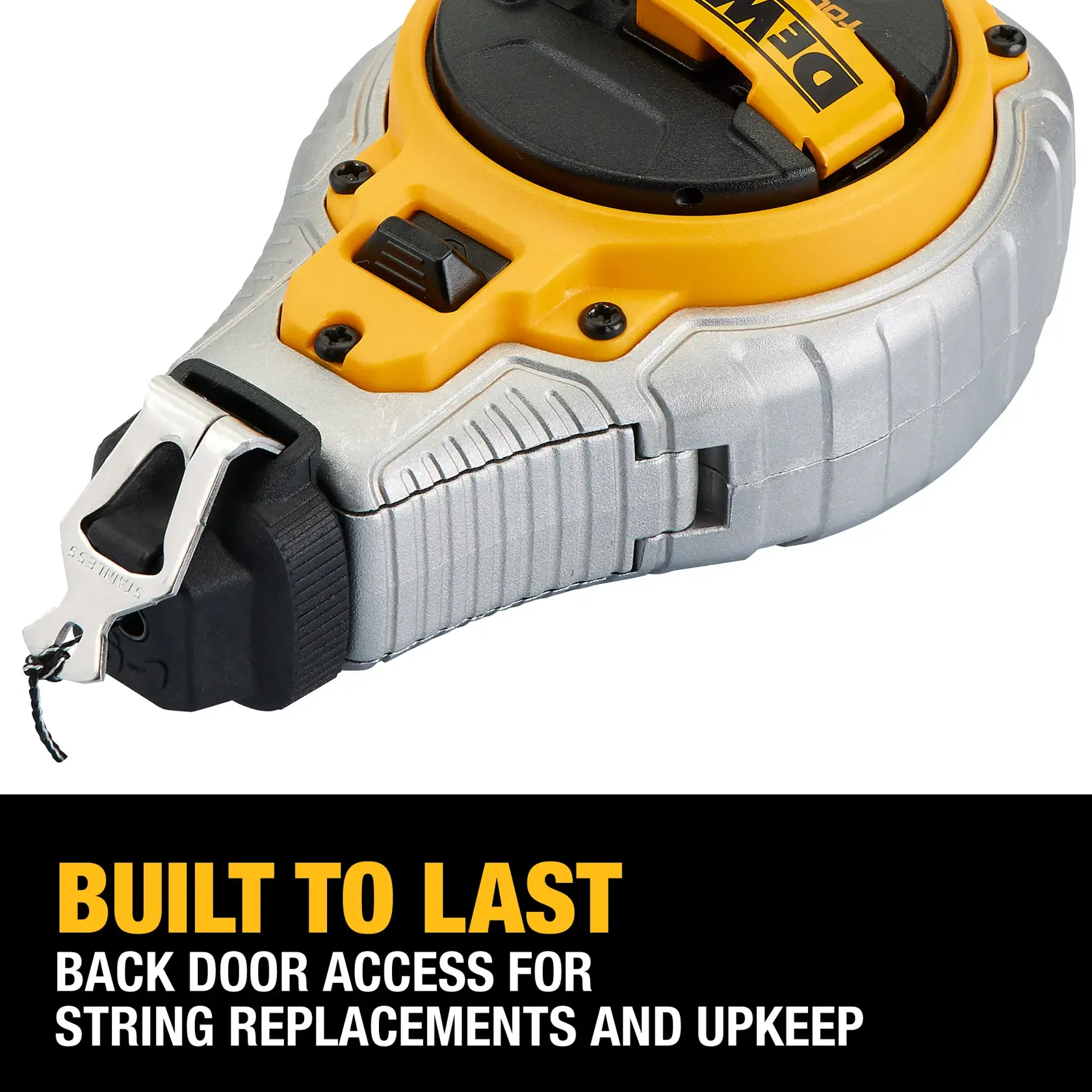 Close-up image of a DEWALT DWHT48335RC chalk reel tool showing durable construction and a feature for easy back door access for string replacements and upkeep. Text on the image reads: 'BUILT TO LAST. BACK DOOR ACCESS FOR STRING REPLACEMENTS AND UPKEEP.'