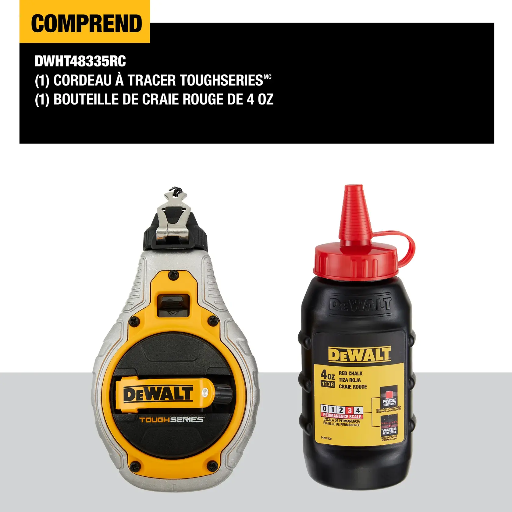 Image shows a DEWALT TOUGHSERIES chalk reel and a 4 oz. bottle of red chalk. The chalk reel is gray and yellow with a DEWALT label, and the bottle of red chalk is black with a red cap and yellow DEWALT label.
