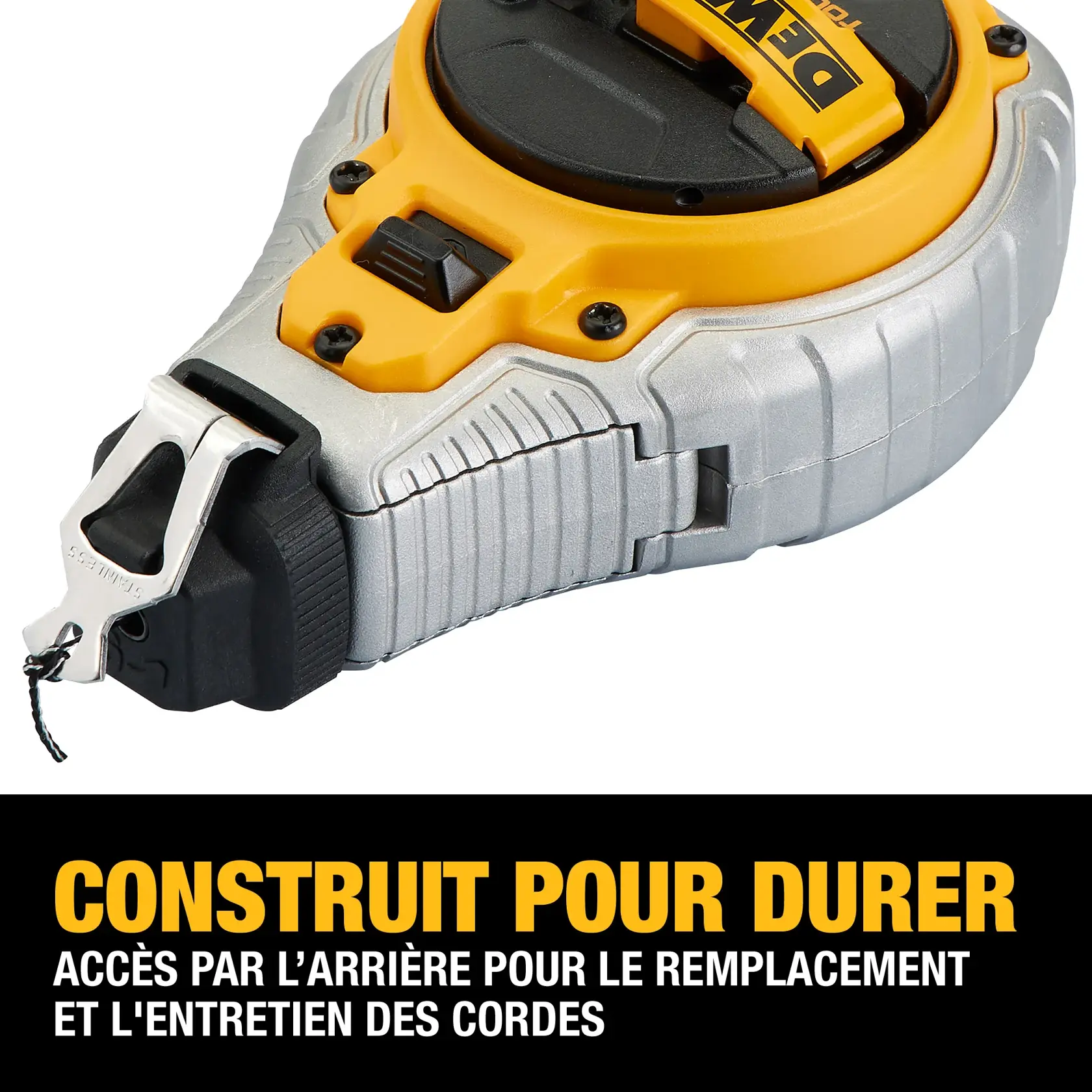Close-up image of a DEWALT DWHT48335RC chalk reel tool showing durable construction and a feature for easy back door access for string replacements and upkeep. Text on the image reads: 'BUILT TO LAST. BACK DOOR ACCESS FOR STRING REPLACEMENTS AND UPKEEP.'