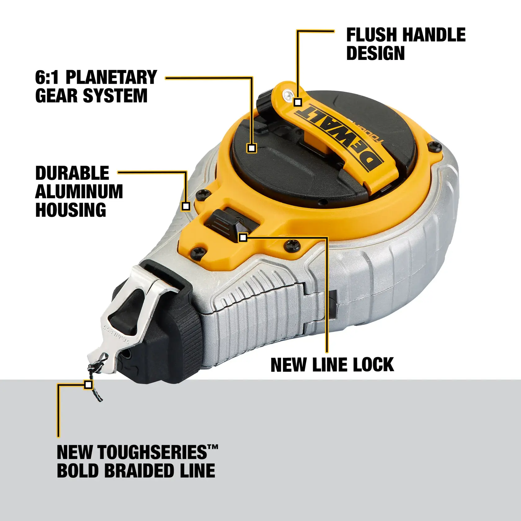 DEWALT ToughSeries chalk reel featuring a flush handle design, durable aluminum housing, a 6:1 planetary gear system, new line lock, and bold braided line.