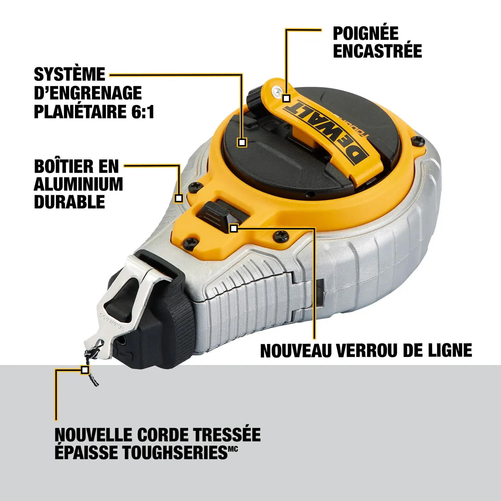 DEWALT ToughSeries chalk reel featuring a flush handle design, durable aluminum housing, a 6:1 planetary gear system, new line lock, and bold braided line.