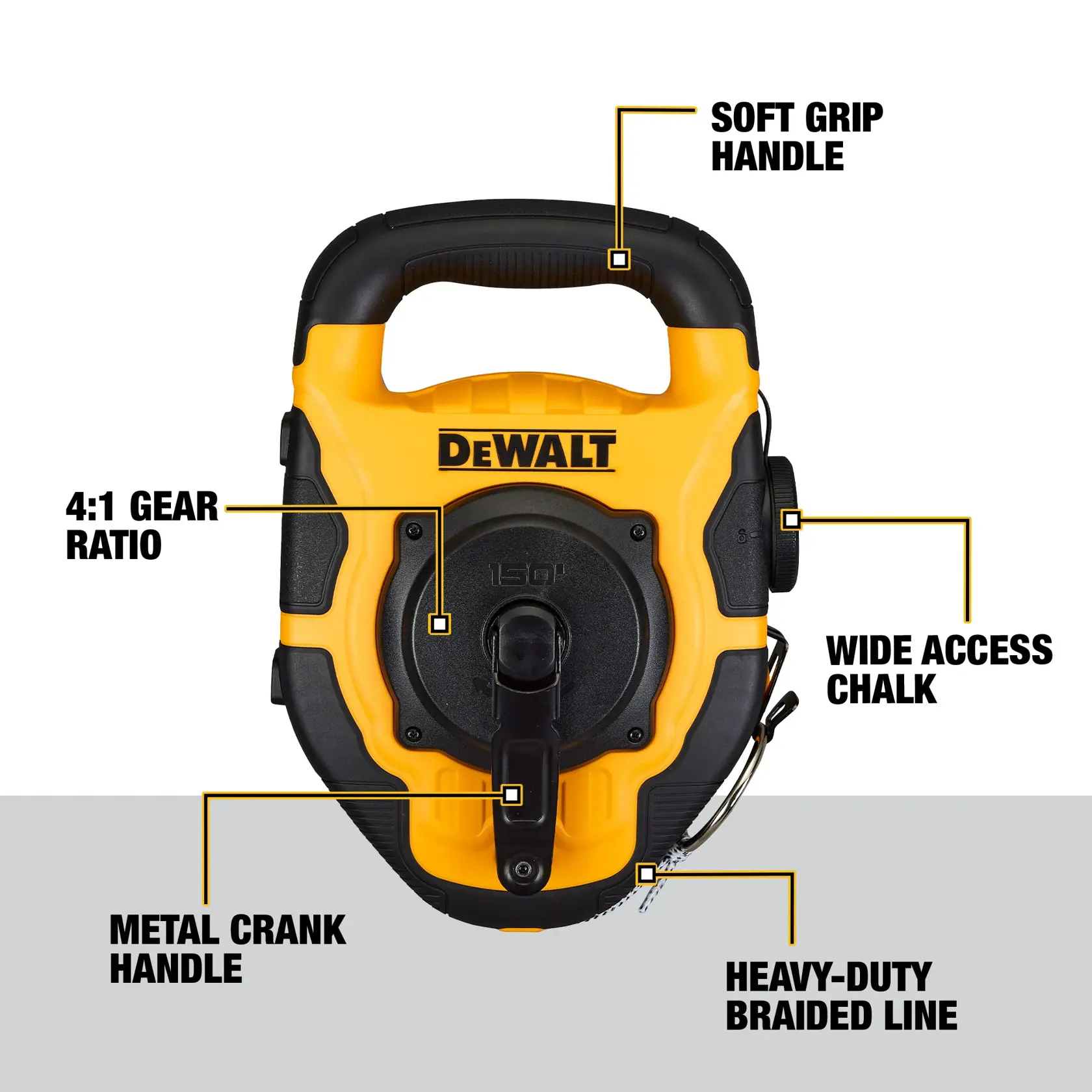 Front view of a DEWALT chalk line tool with labeled features: soft grip handle, wide access chalk, heavy-duty braided line, metal crank handle, and 4:1 gear ratio. The tool is yellow and black, with the DEWALT brand name displayed.