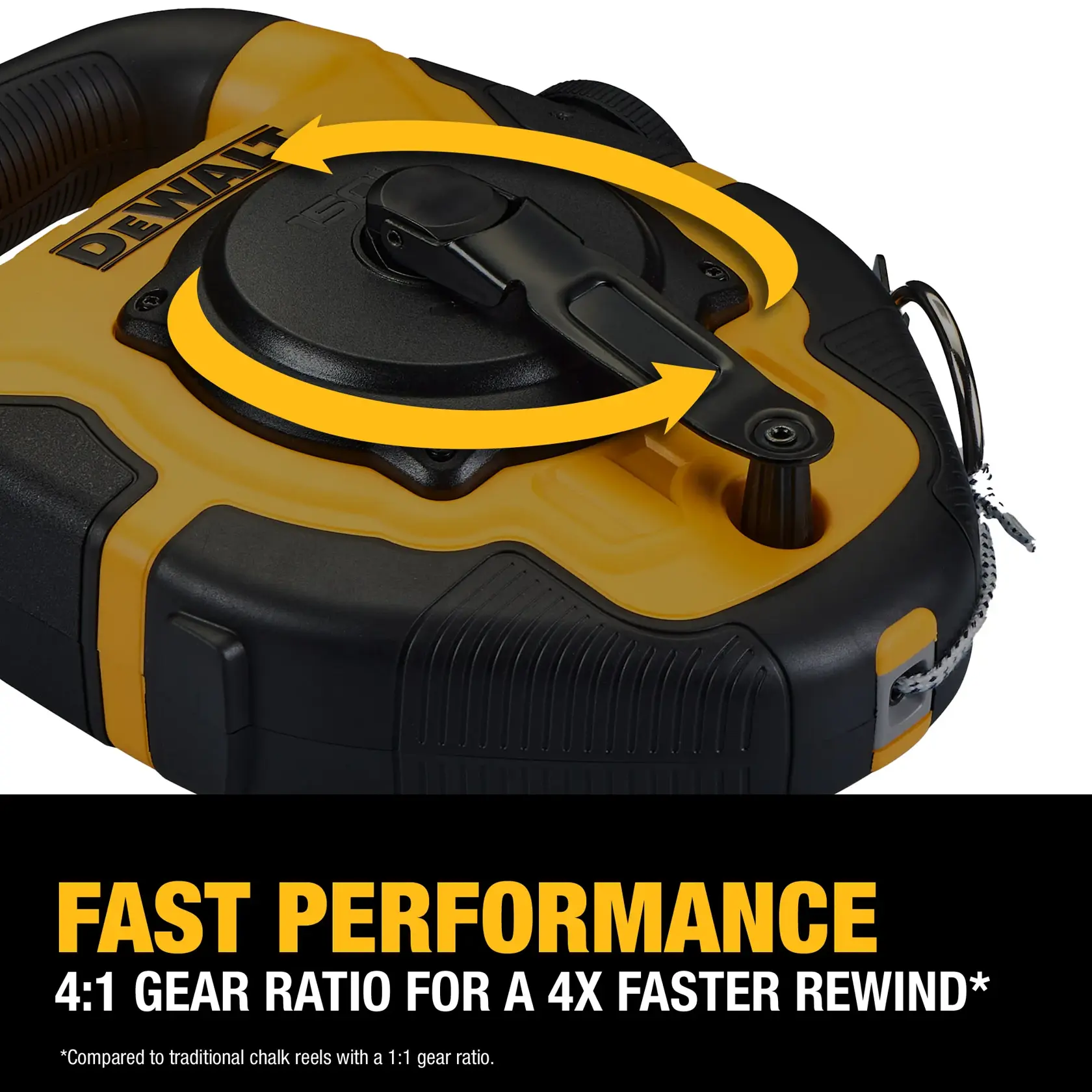 Close-up image of a DEWALT chalk reel, showing the gear mechanism with a yellow arrow indicating fast rewinding. Text on the image highlights 'FAST PERFORMANCE' and a '4:1 gear ratio for a 4x faster rewind,' compared to traditional chalk reels with a 1:1 gear ratio.
