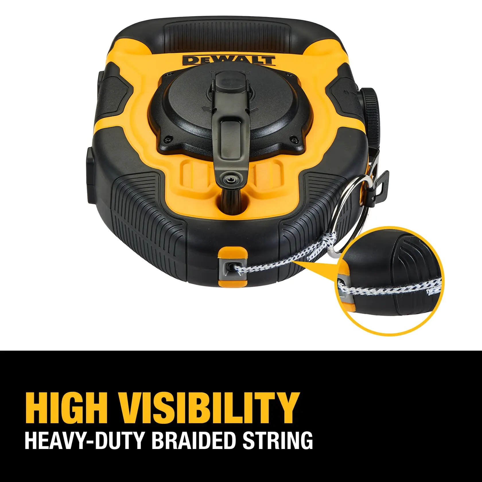DEWALT chalk line reel with high visibility heavy-duty braided string, shown in close-up with a highlighted section of the string.