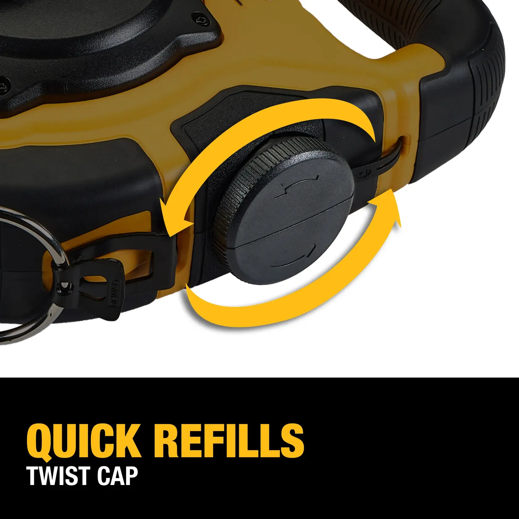 Close-up of a DEWALT tool with a twist cap highlighted by yellow arrows, indicating quick refills. The image also features the text: 'QUICK REFILLS TWIST CAP' in bold yellow and white letters on a black background.