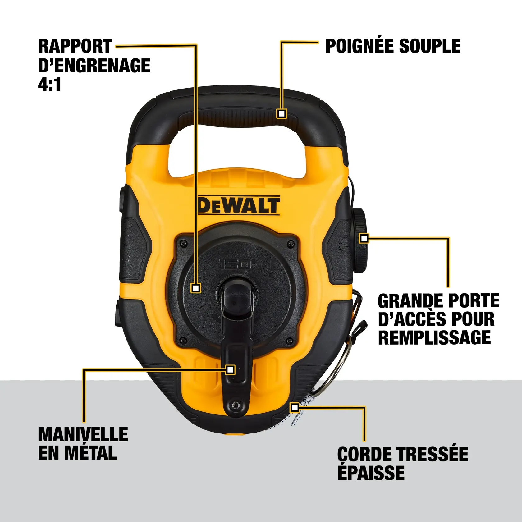 Front view of a DEWALT chalk line tool with labeled features: soft grip handle, wide access chalk, heavy-duty braided line, metal crank handle, and 4:1 gear ratio. The tool is yellow and black, with the DEWALT brand name displayed.