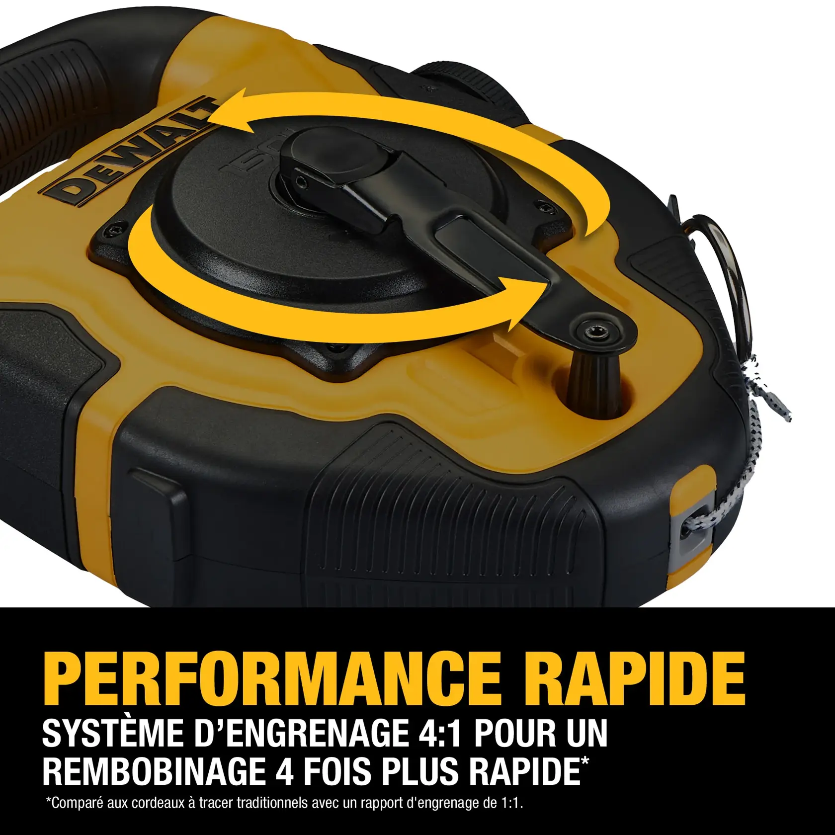 Close-up image of a DEWALT chalk reel, showing the gear mechanism with a yellow arrow indicating fast rewinding. Text on the image highlights 'FAST PERFORMANCE' and a '4:1 gear ratio for a 4x faster rewind,' compared to traditional chalk reels with a 1:1 gear ratio.