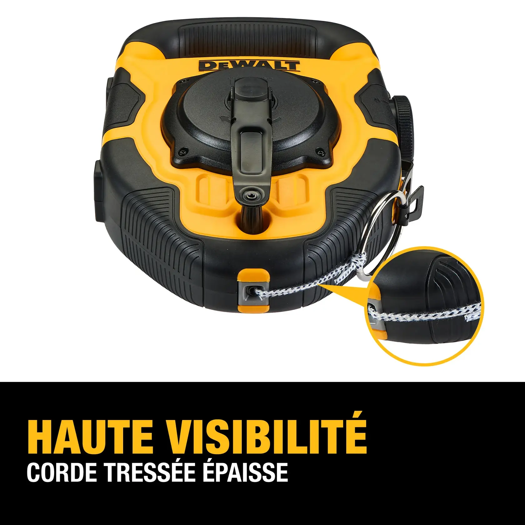 DEWALT chalk line reel with high visibility heavy-duty braided string, shown in close-up with a highlighted section of the string.