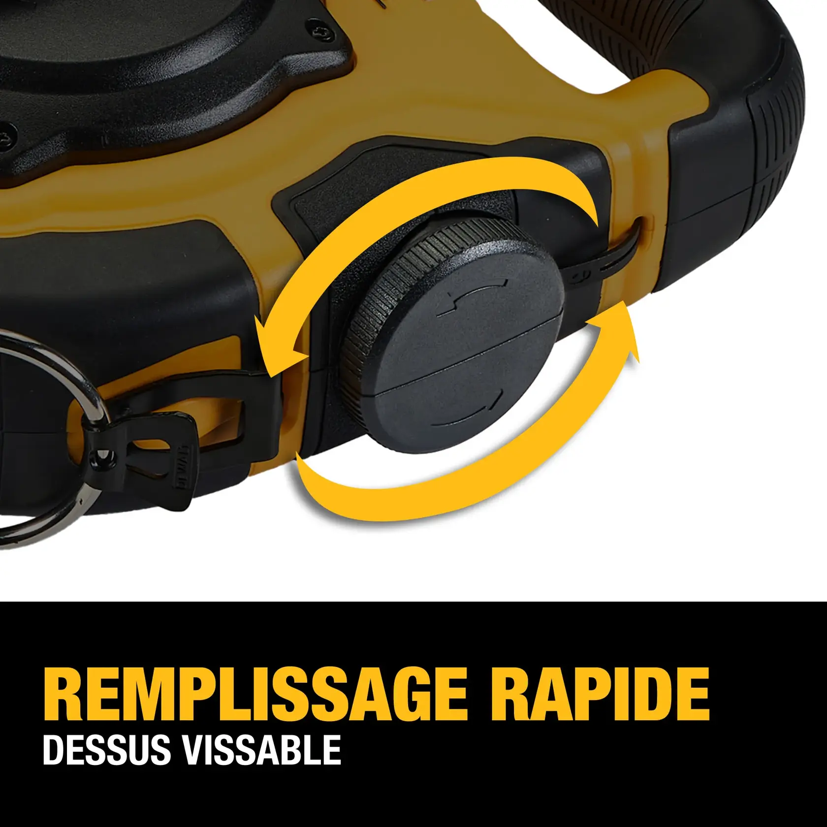 Close-up of a DEWALT tool with a twist cap highlighted by yellow arrows, indicating quick refills. The image also features the text: 'QUICK REFILLS TWIST CAP' in bold yellow and white letters on a black background.