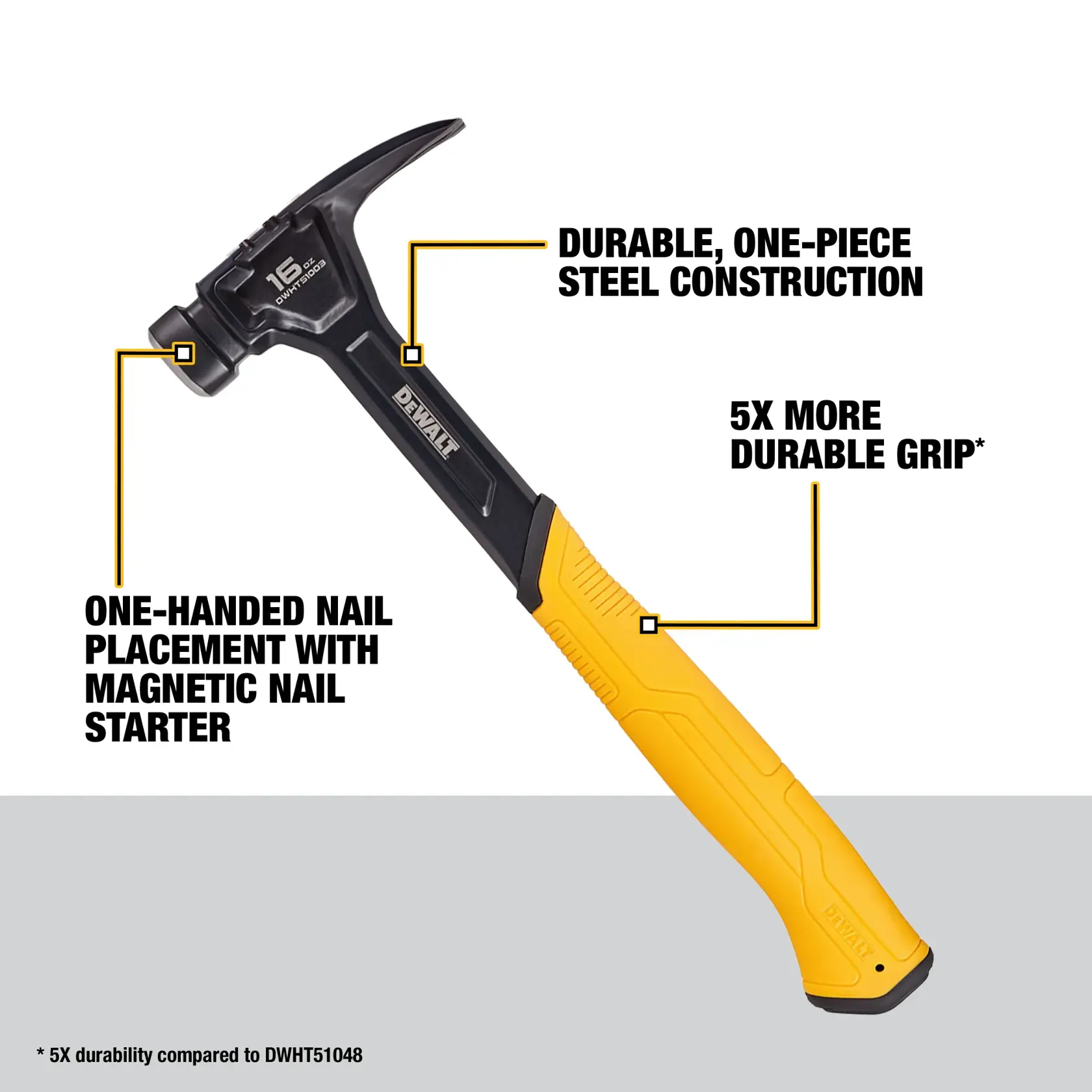 Image of a DEWALT DWHT51003 hammer with highlighted features: durable one-piece steel construction, one-handed nail placement with magnetic nail starter, and a grip that is 5 times more durable compared to the DWHT51048 model. The hammer has a yellow and black handle.