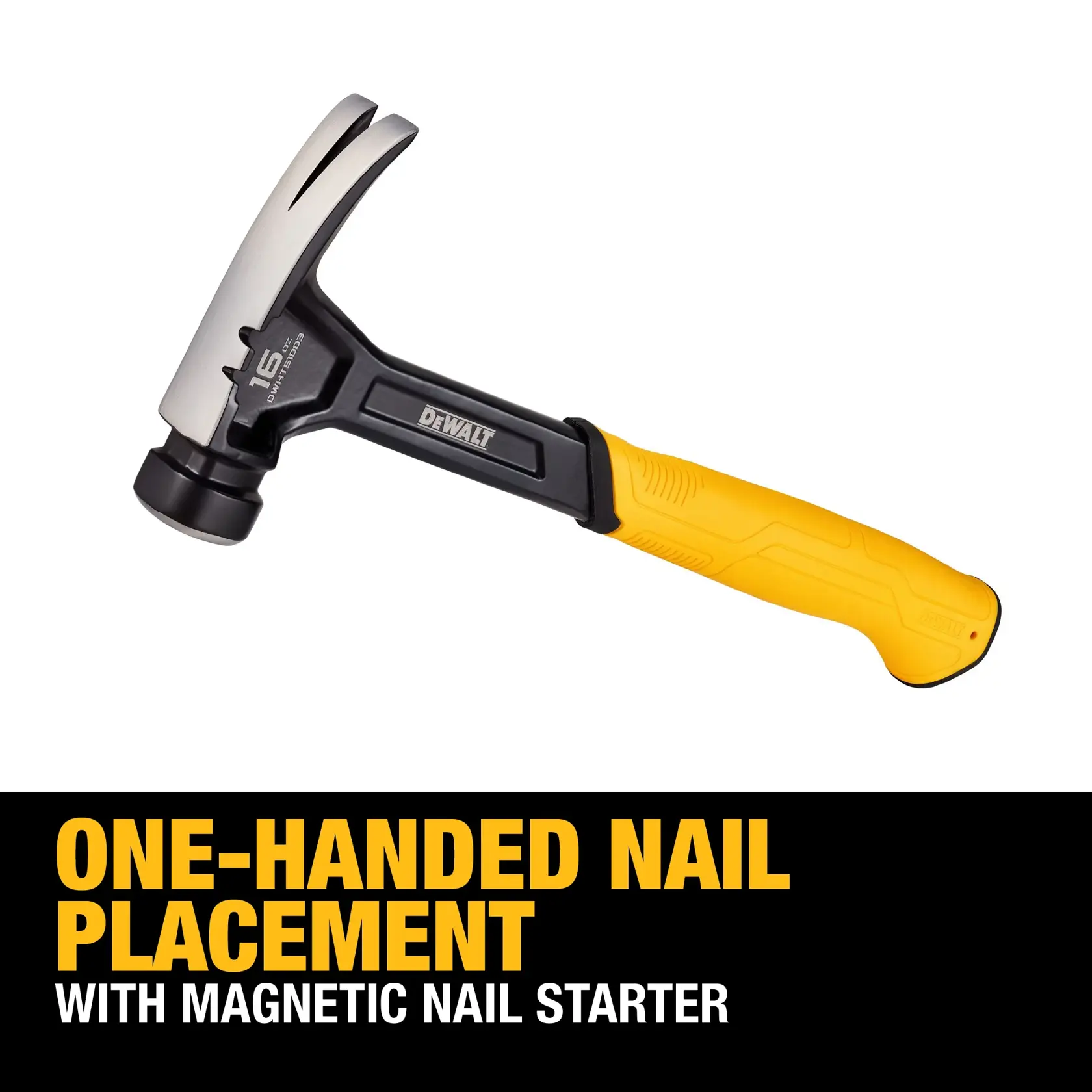 DEWALT claw hammer with yellow handle and text stating 'One-handed nail placement with magnetic nail starter'.