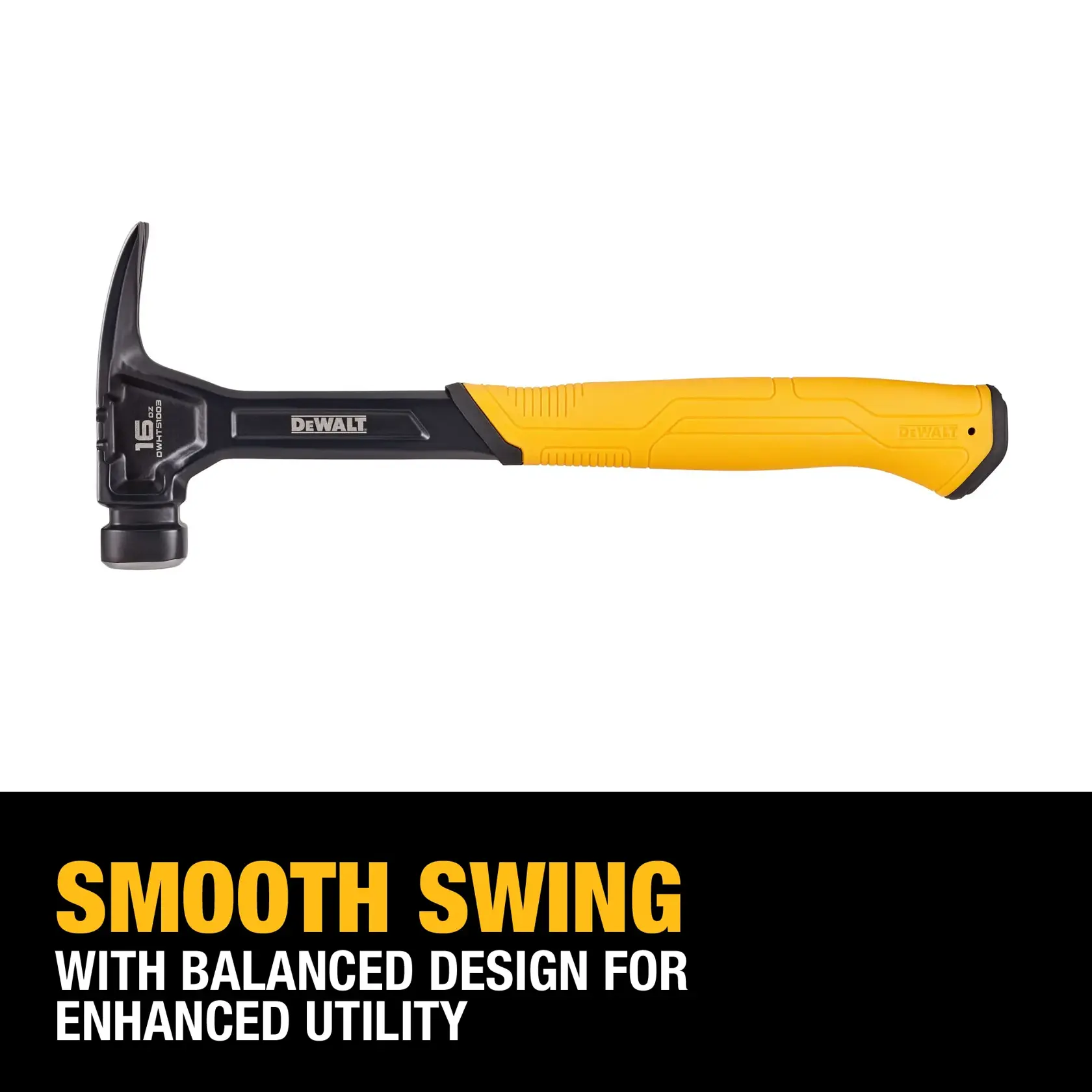 A DEWALT 15 oz. one-piece steel hammer with a yellow and black handle is shown on a white background. Below the hammer, text reads: 'Smooth swing with balanced design for enhanced utility.'