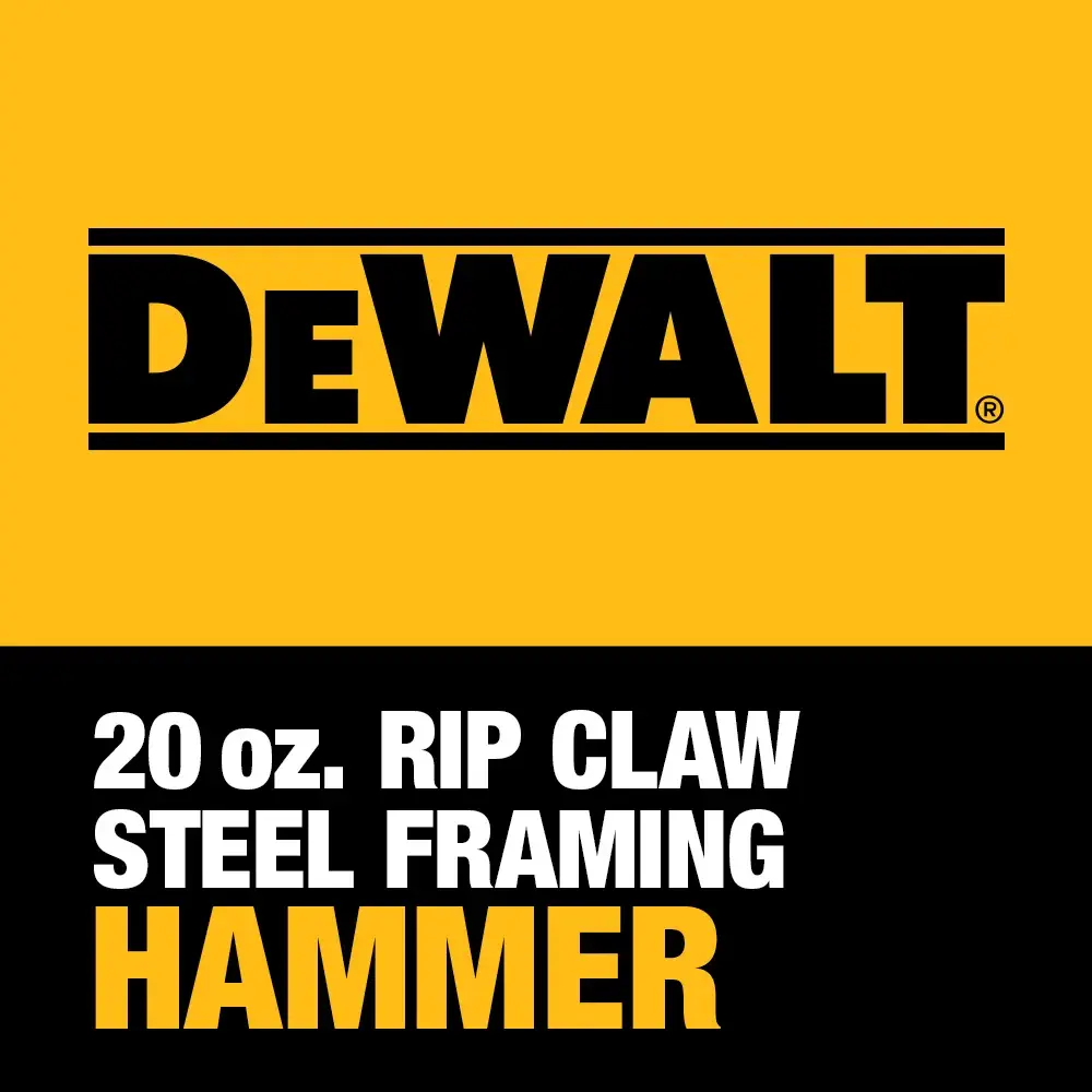 DEWALT logo and product information graphic for a 20 oz. rip claw steel framing hammer.