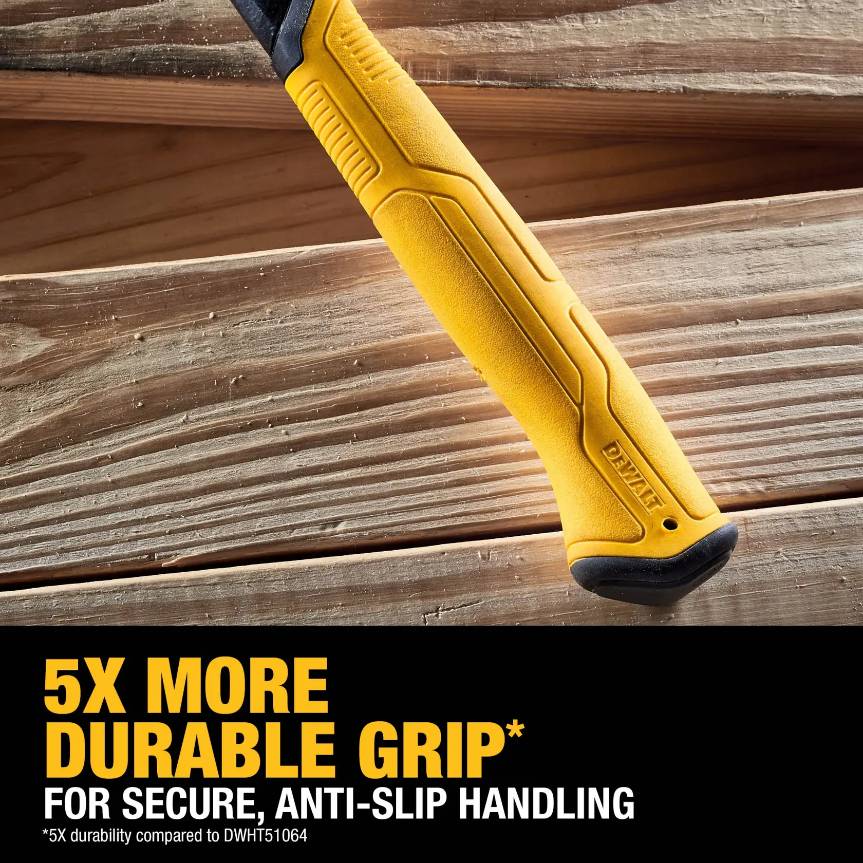 Close-up of a yellow DEWALT tool handle with textured grip, resting on wooden planks. Overlay text reads '5X MORE DURABLE GRIP* FOR SECURE, ANTI-SLIP HANDLING' and notes durability compared to DWHT51064.