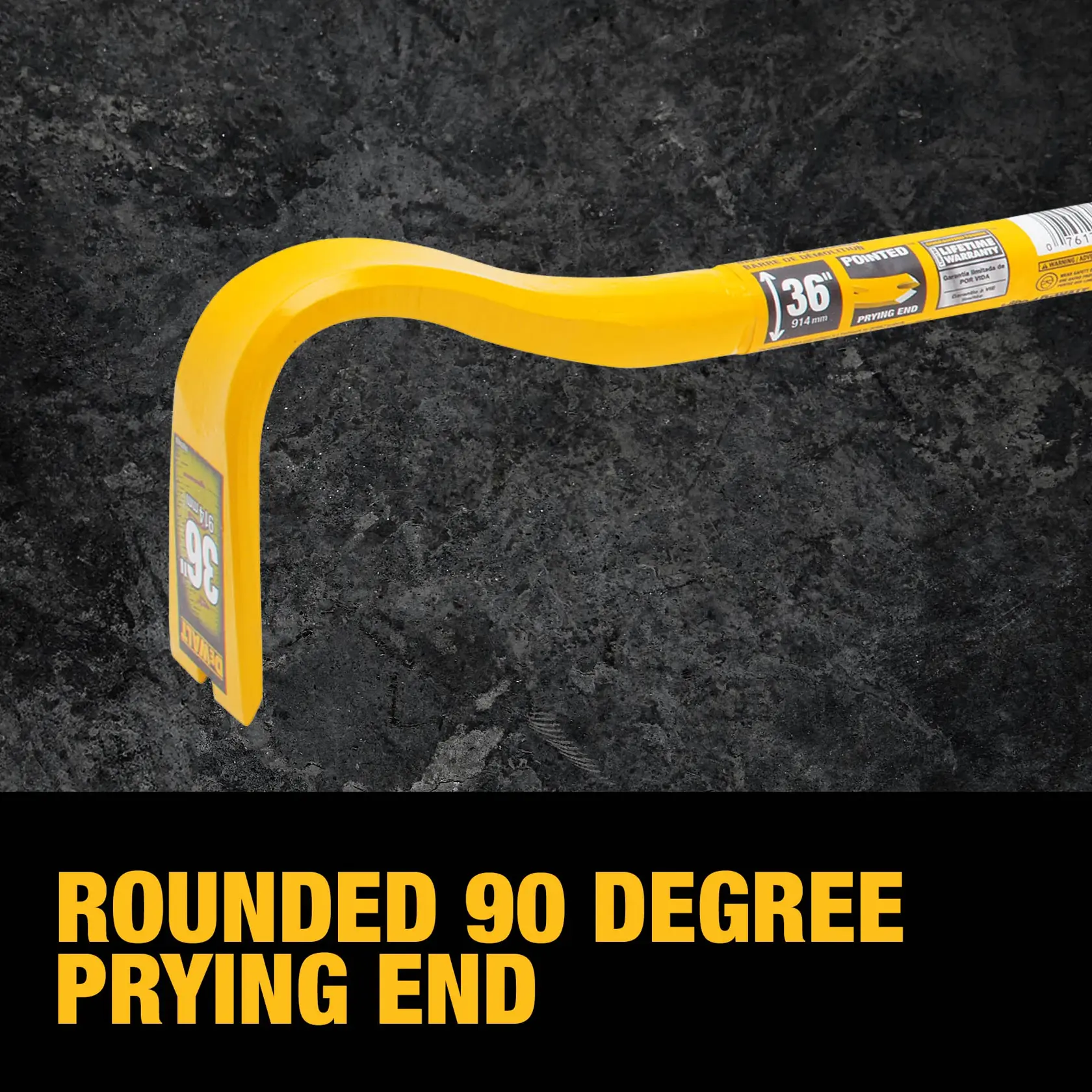 A yellow DEWALT pry bar with a rounded 90 degree prying end is shown on a dark textured surface. The bar is labeled with '36 inch' and 'Pointed Prying End'. Bold text at the bottom reads: 'Rounded 90 degree prying end'.