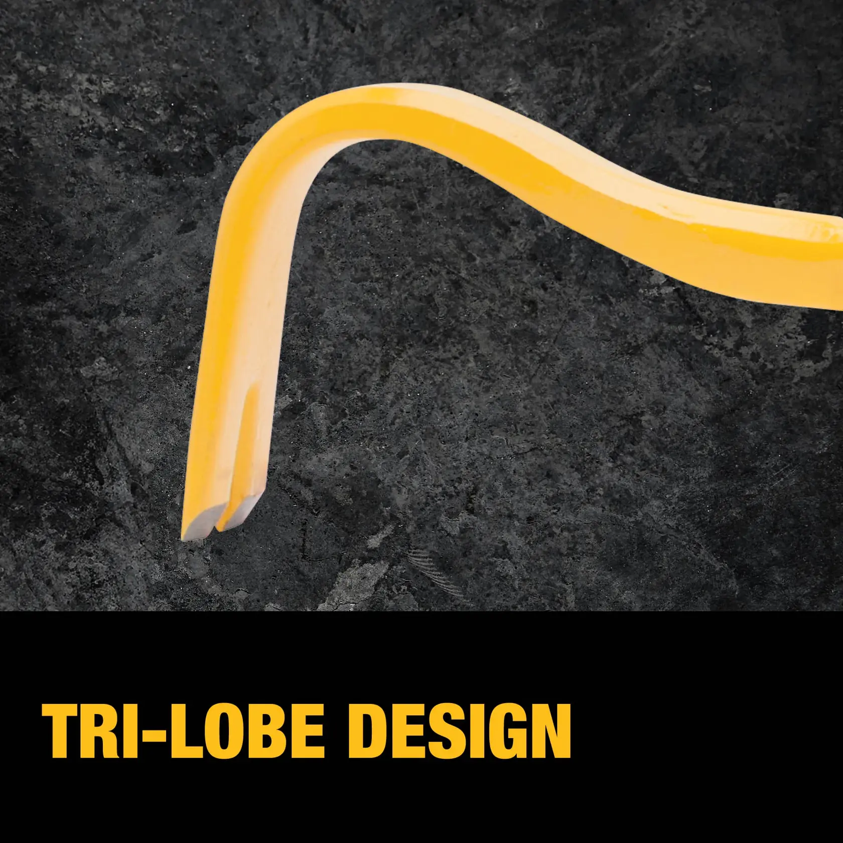 Close-up image of the yellow DEWALT pry bar tool showing its tri-lobe design against a dark textured background. The text 'TRI-LOBE DESIGN' is displayed at the bottom in bold yellow letters.