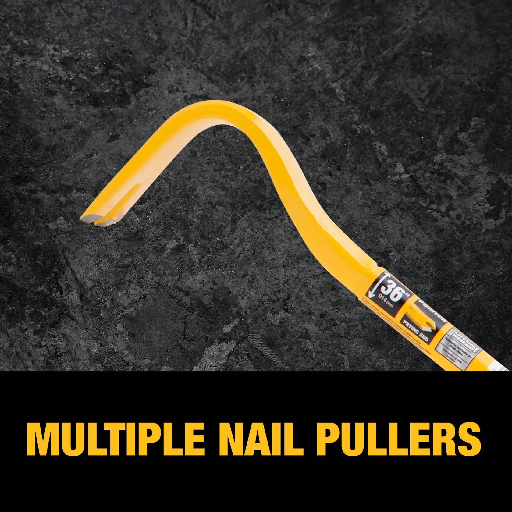 A yellow DEWALT pry bar with multiple nail pullers is shown against a dark textured background. The text 'MULTIPLE NAIL PULLERS' appears boldly at the bottom.