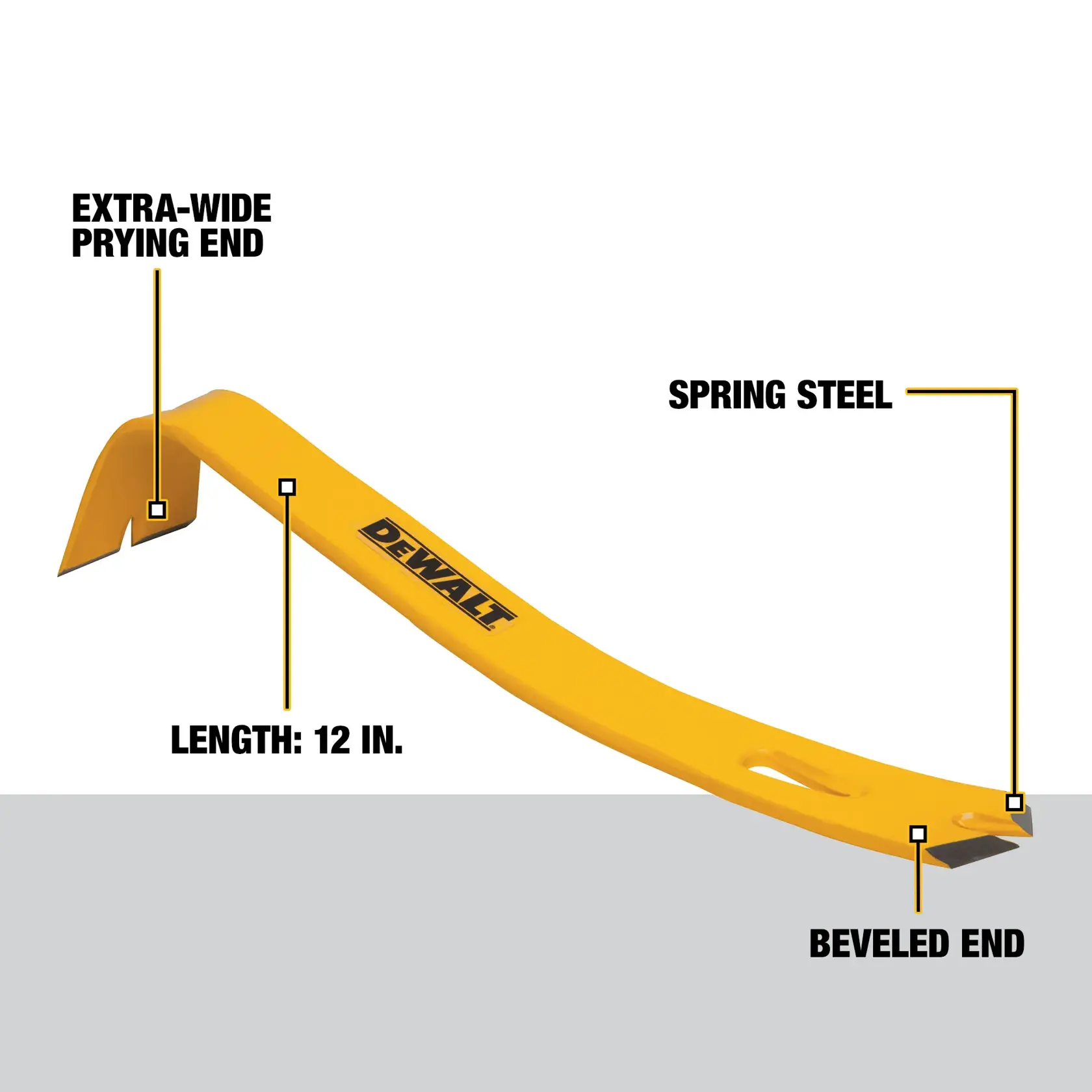 A yellow DEWALT 12-inch pry bar with labeled features: extra-wide prying end, spring steel construction, and a beveled end.