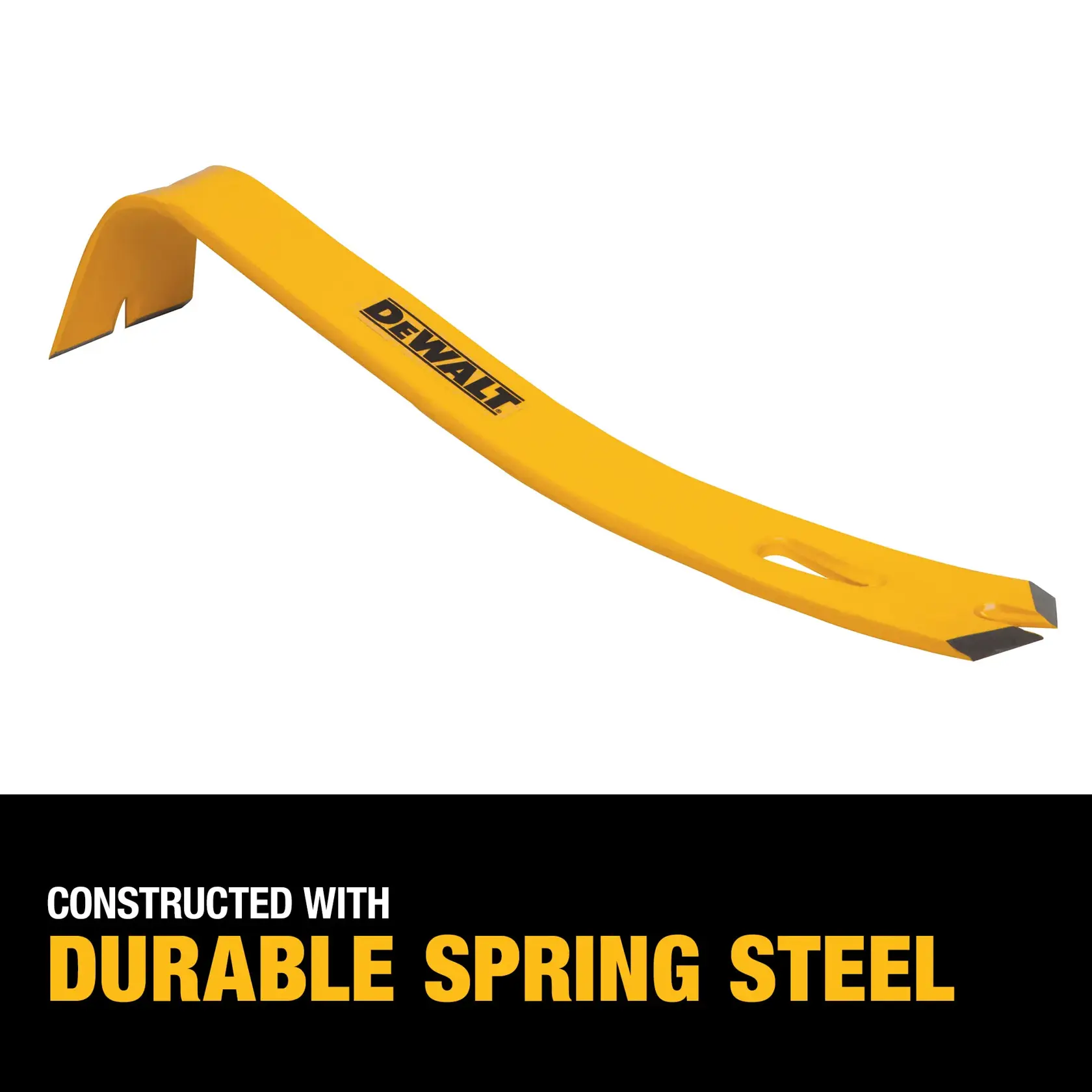 A yellow DEWALT pry bar constructed with durable spring steel. The pry bar is shown on a white background with the DEWALT logo visible. Text below reads: 'Constructed with durable spring steel.'