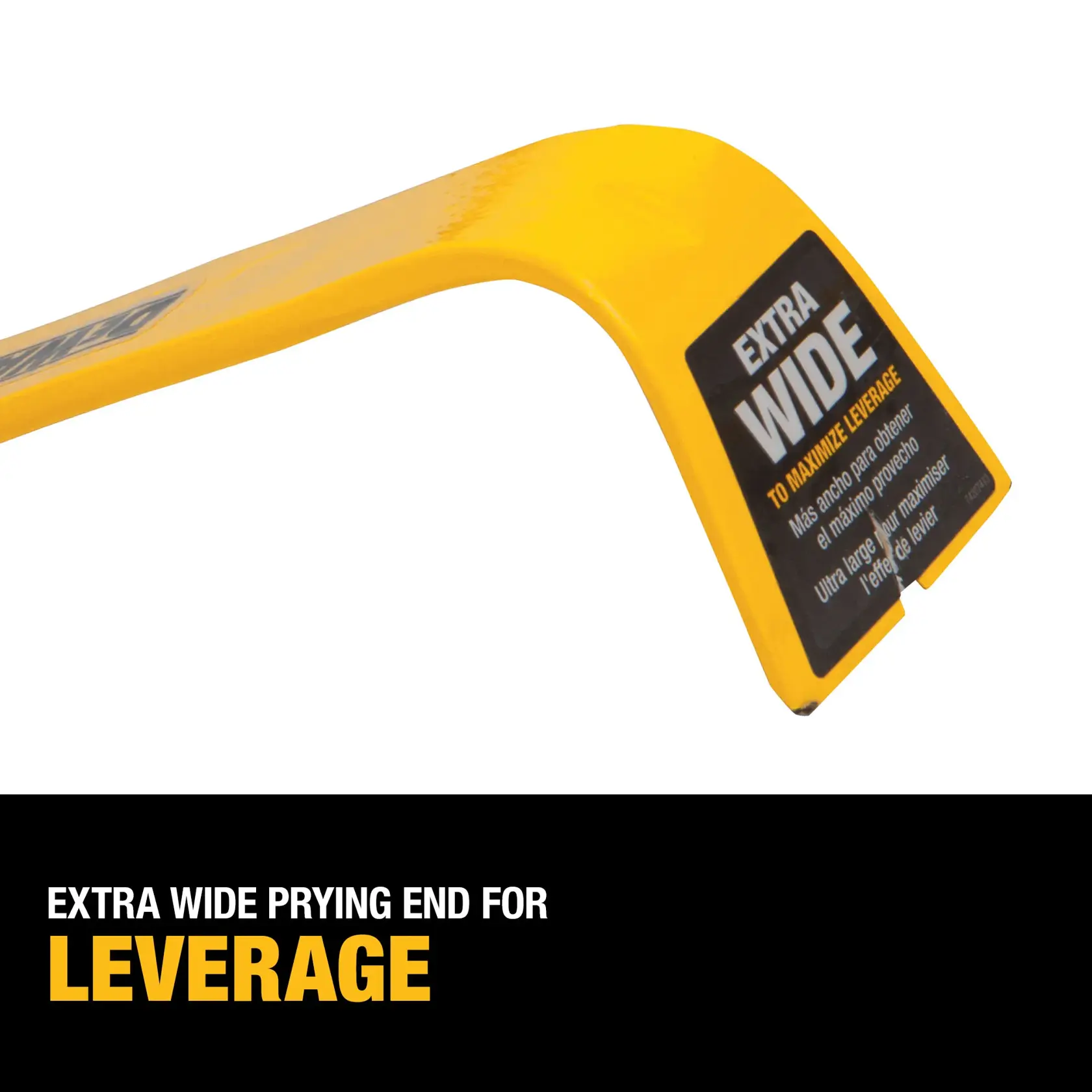 Close-up image of a yellow DEWALT tool with an extra wide prying end designed to maximize leverage. The tool features a label highlighting its wide prying end for improved performance.