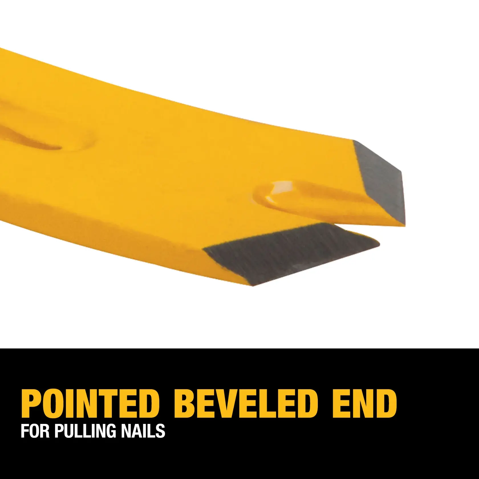 Close-up image of the pointed beveled end of a yellow DEWALT utility bar, designed for pulling nails. The text 'POINTED BEVELED END FOR PULLING NAILS' is displayed at the bottom.