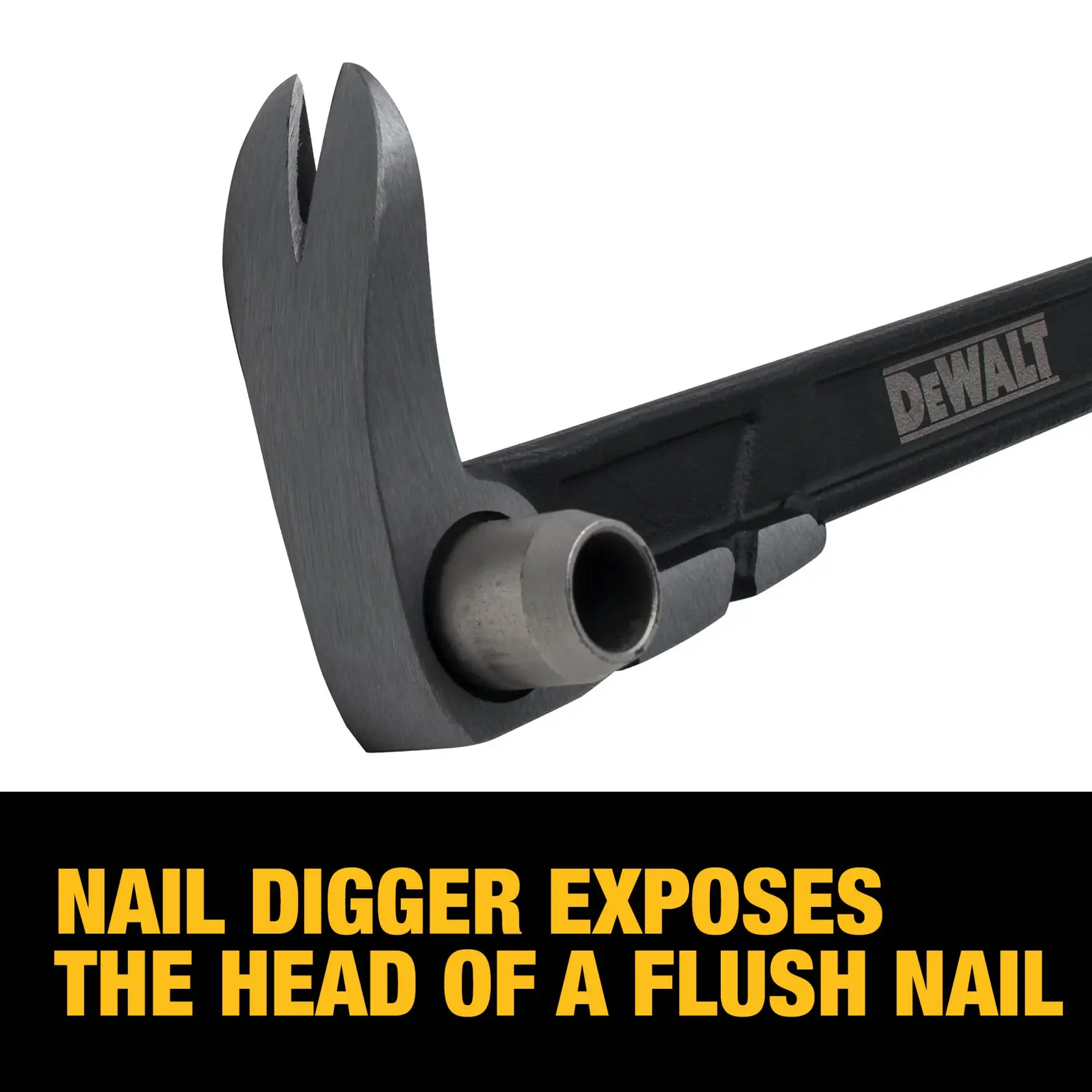 Close-up of a DEWALT hand tool with a nail digger feature, designed to expose the head of a flush nail. The image includes bold yellow text stating 'NAIL DIGGER EXPOSES THE HEAD OF A FLUSH NAIL.'