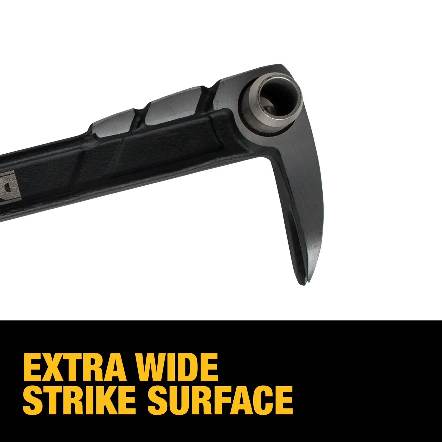 Close-up of the DEWALT DWHT55524 pry bar, showing the extra wide strike surface feature. Bold yellow text below reads 'EXTRA WIDE STRIKE SURFACE' on a black background.
