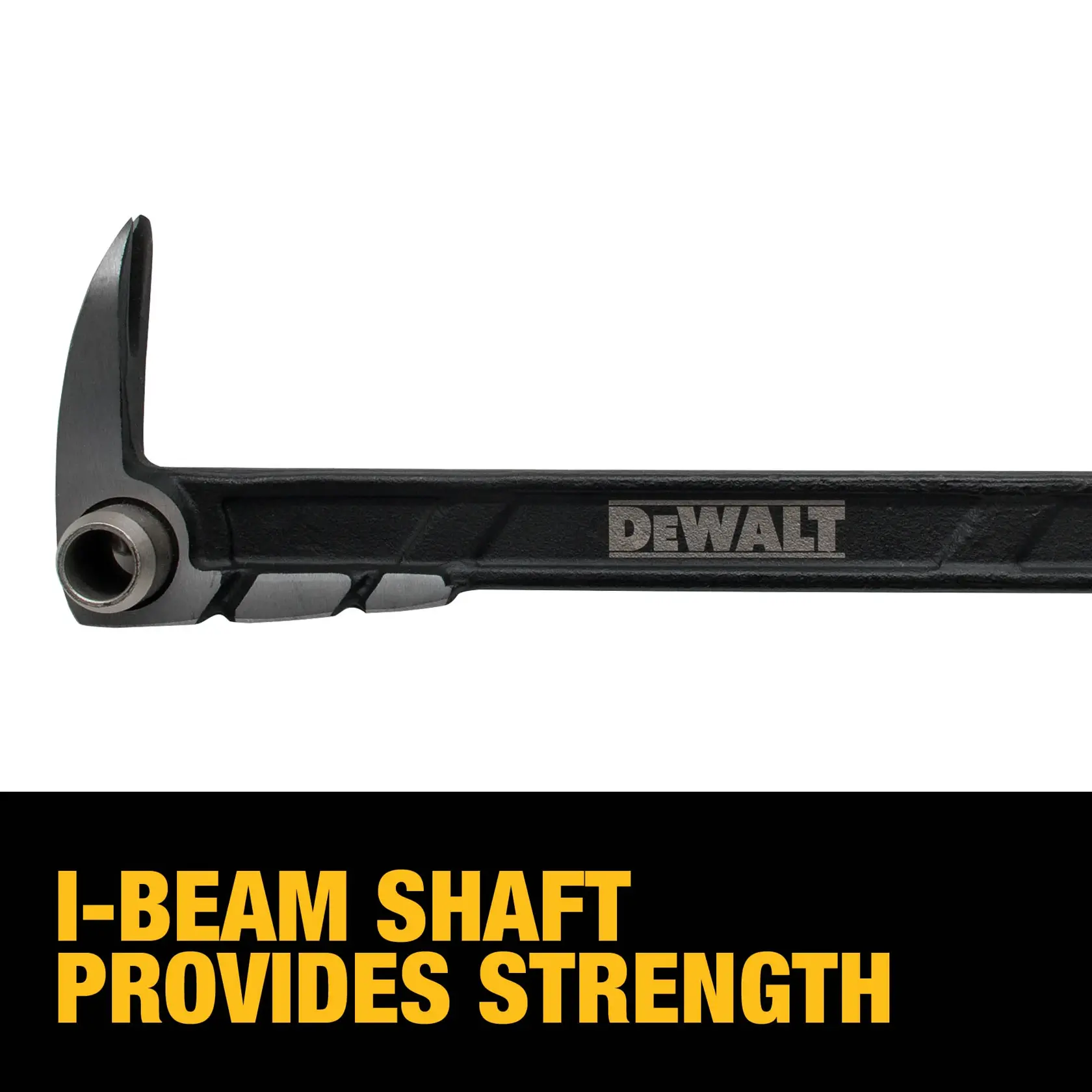 Close-up image of a DEWALT branded crowbar with an I-beam shaft design, featuring promotional text saying, 'I-beam shaft provides strength' in bold yellow letters.