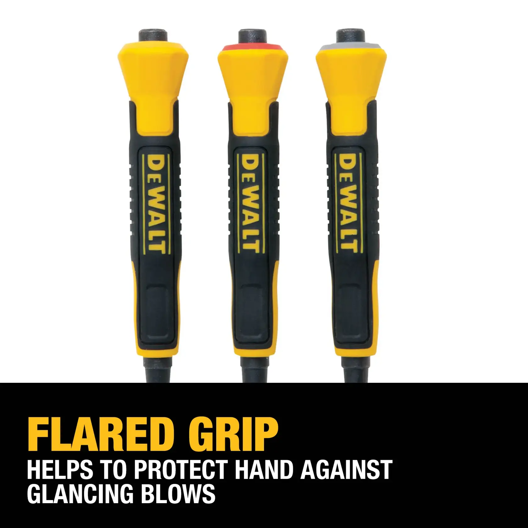 Three DEWALT hand tools with flared yellow and black grips are shown side by side. The text below states: 'FLARED GRIP helps to protect hand against glancing blows.'
