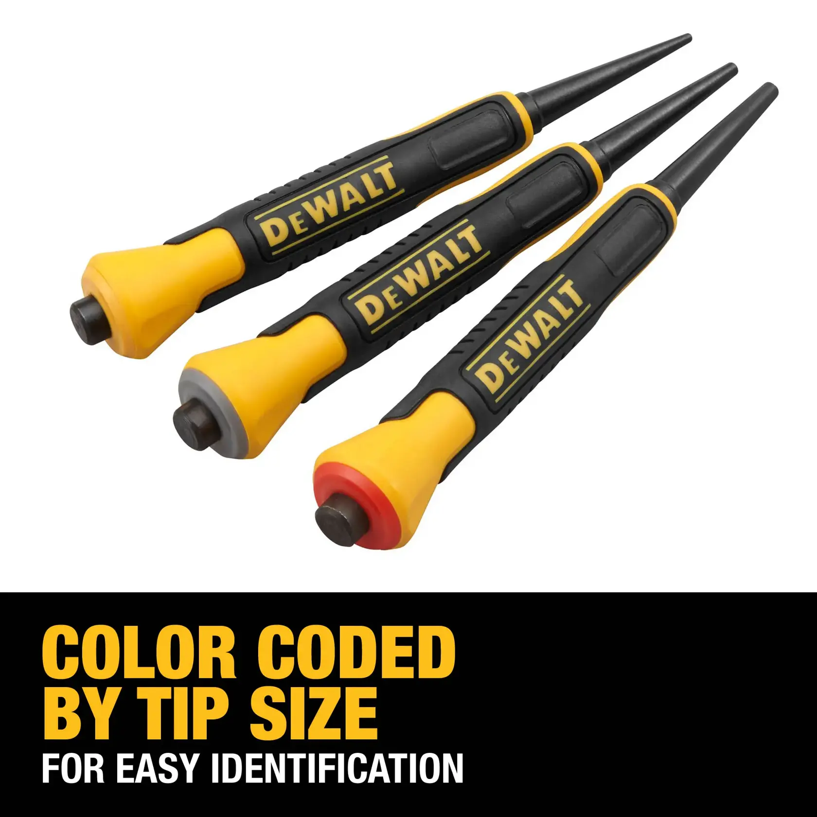 Three DEWALT punch tools with yellow and black handles, each featuring a color-coded tip for easy identification of size. The tips are marked with yellow, gray, and red colors. Text below reads: 'Color coded by tip size for easy identification.'
