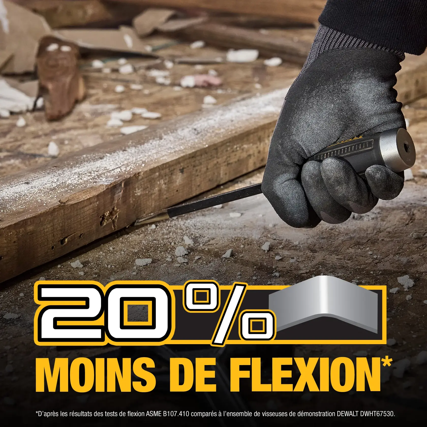 A person wearing black gloves is using a DEWALT screwdriver to pry a piece of wood. The text on the image reads '20% Less Bending*' with a graphic of a bent shape. The scene suggests a construction or woodworking environment with dust and debris.
