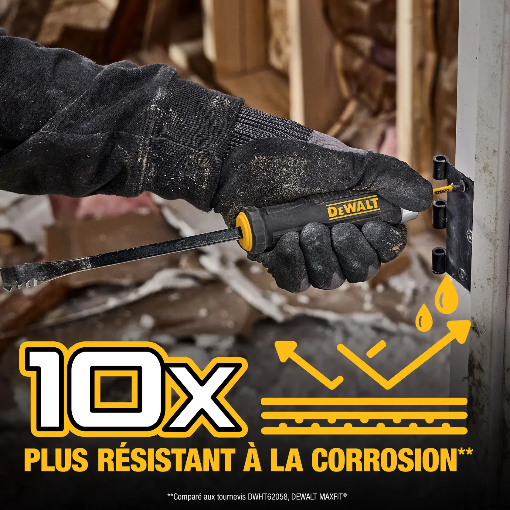 A person wearing a black glove uses a DEWALT screwdriver on a door hinge, with text overlay promoting 10 times corrosion resistance. The background shows a construction or renovation site.