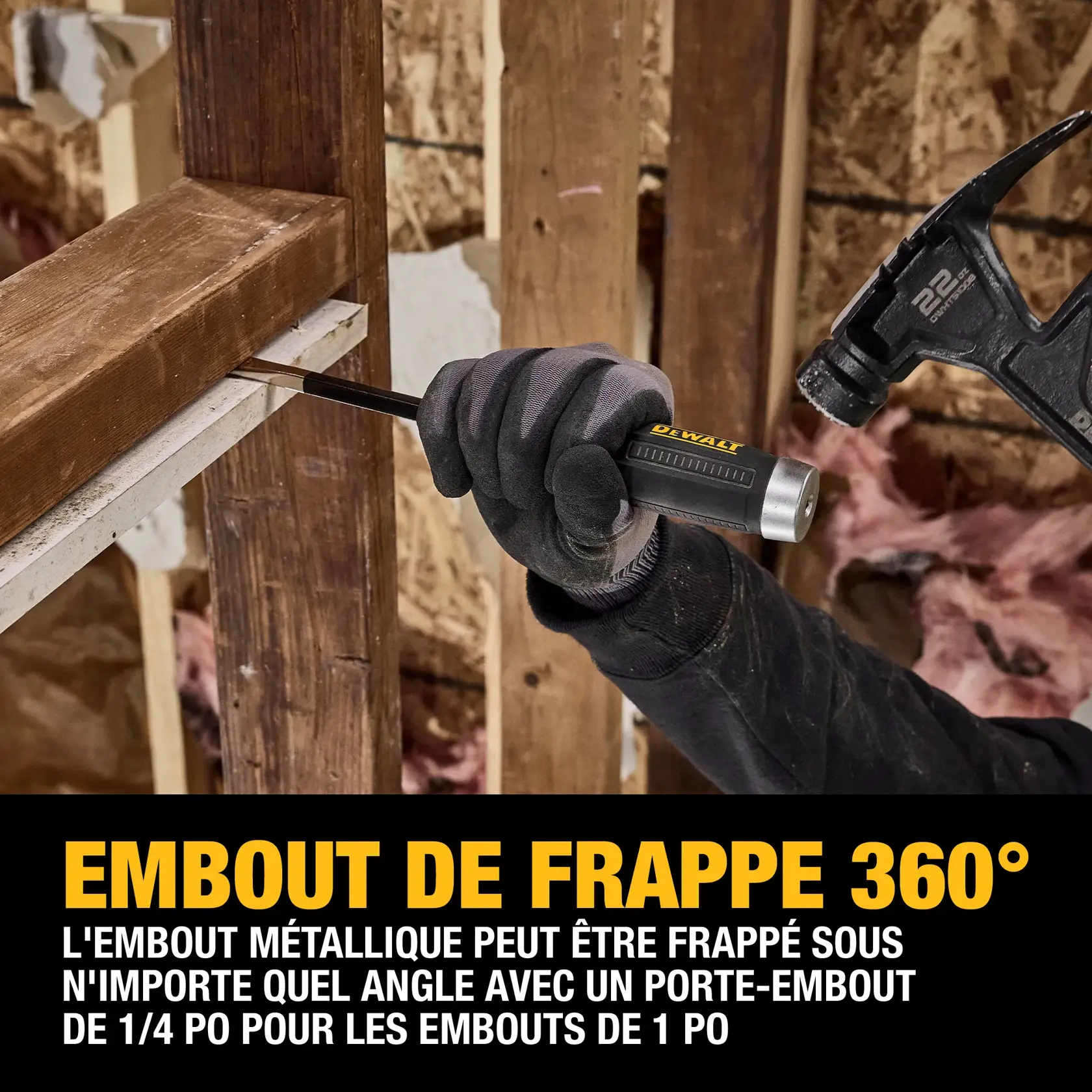 A person wearing work gloves uses a DEWALT hand tool with a 360-degree metal strike cap, striking it with a hammer. The tool is being applied to a piece of wood in a construction setting. Text on the image highlights the strike cap feature and bit holder compatibility.