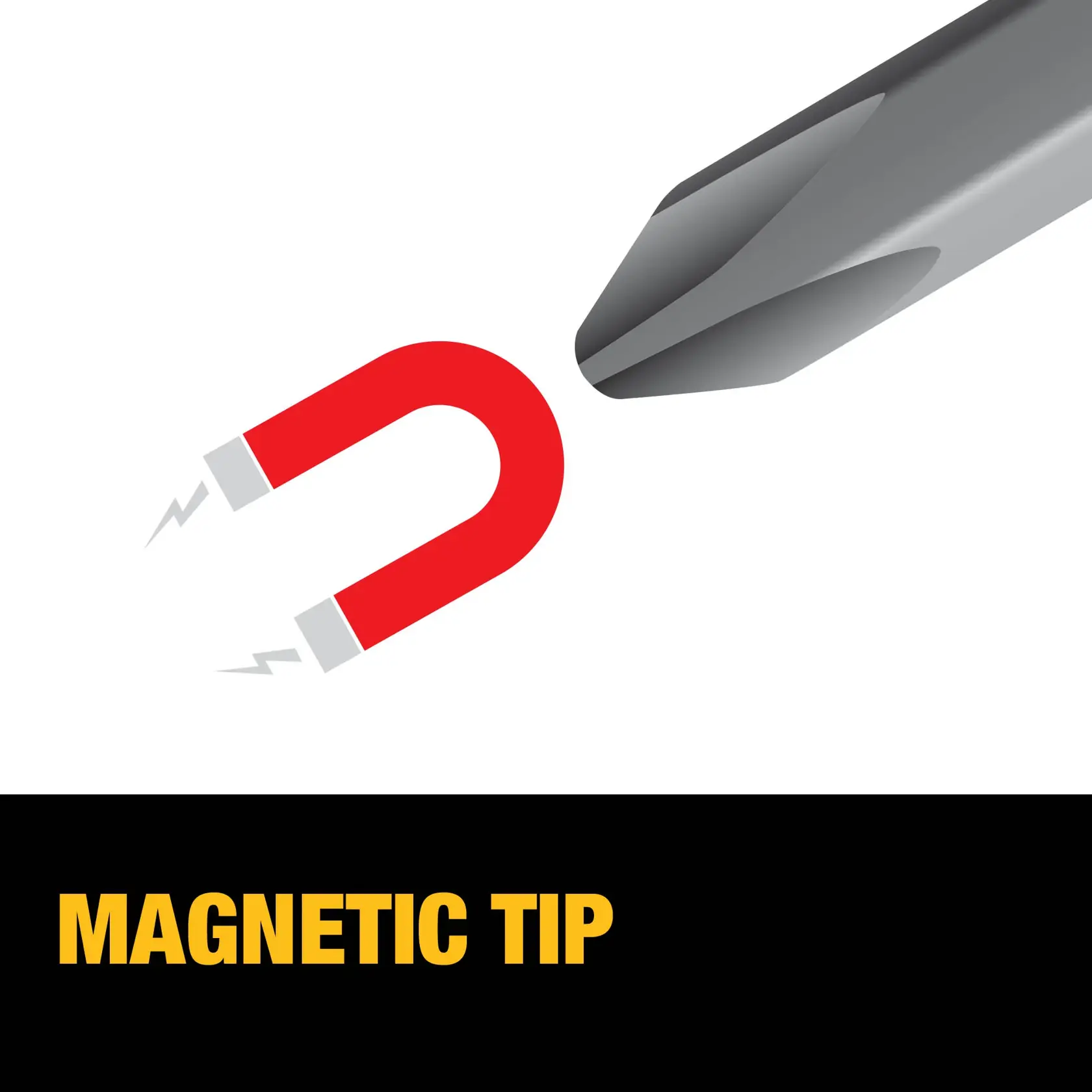 Graphic showing a screwdriver tip next to a red magnet, with the words 'MAGNETIC TIP' in bold yellow letters on a black background below.