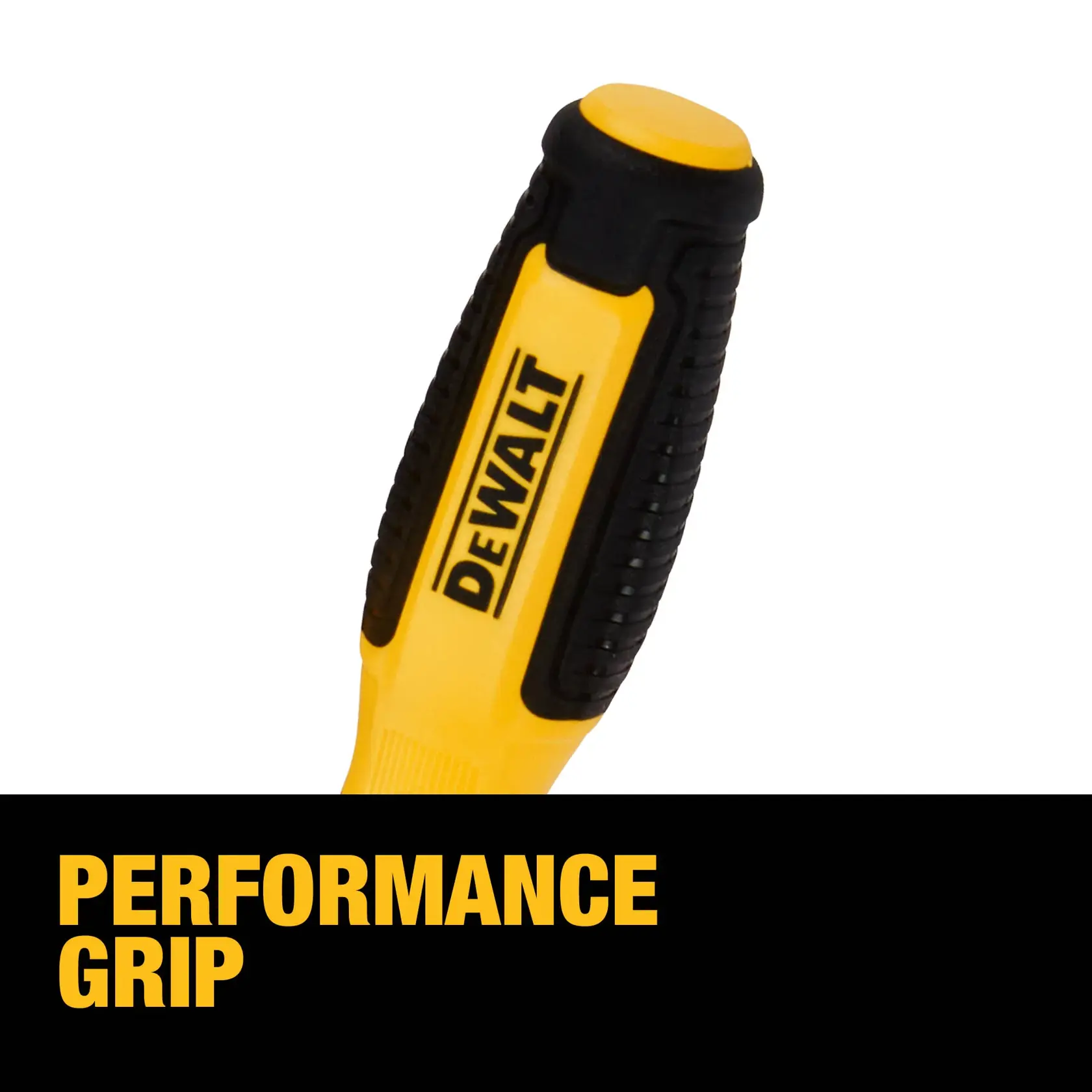 Close-up of a DEWALT hand tool handle in yellow and black, showing its performance grip design. The text 'PERFORMANCE GRIP' is displayed below the handle.