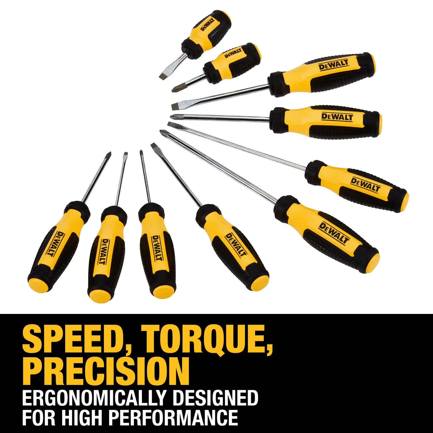 Image showing a set of DEWALT screwdrivers with yellow and black handles arranged in a fan shape. The text below highlights speed, torque, and precision, and mentions that the tools are ergonomically designed for high performance.
