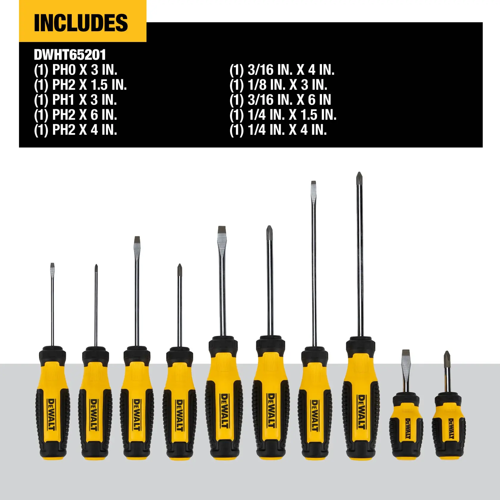 A set of ten DEWALT screwdrivers with yellow and black handles is arranged side by side. Above them, a list details the included sizes and types: PH0 x 3 in., PH2 x 1.5 in., PH1 x 3 in., PH2 x 6 in., PH2 x 4 in., 3/16 in. x 4 in., 1/8 in. x 3 in., 3/16 in. x 6 in., 1/4 in. x 1.5 in., and 1/4 in. x 4 in. The DEWALT logo is visible on each handle.