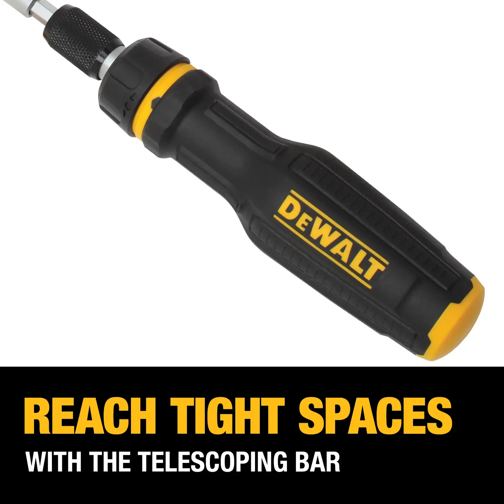 A DEWALT telescoping screwdriver with a black and yellow handle is shown. Text below reads: 'Reach tight spaces with the telescoping bar.'