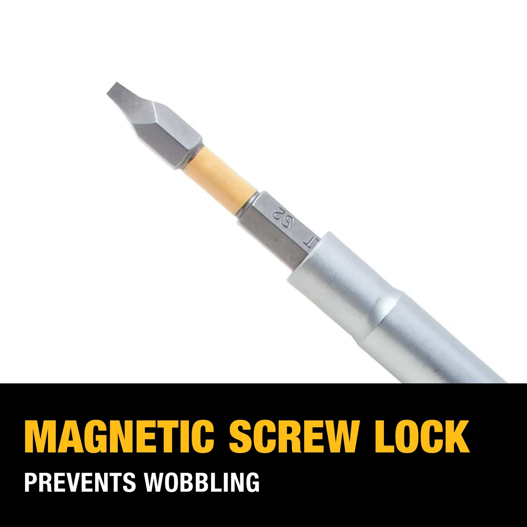 Close-up image of a DEWALT magnetic screw lock tool, highlighting the screw bit with a metal sleeve and text that states 'MAGNETIC SCREW LOCK PREVENTS WOBBLING'.