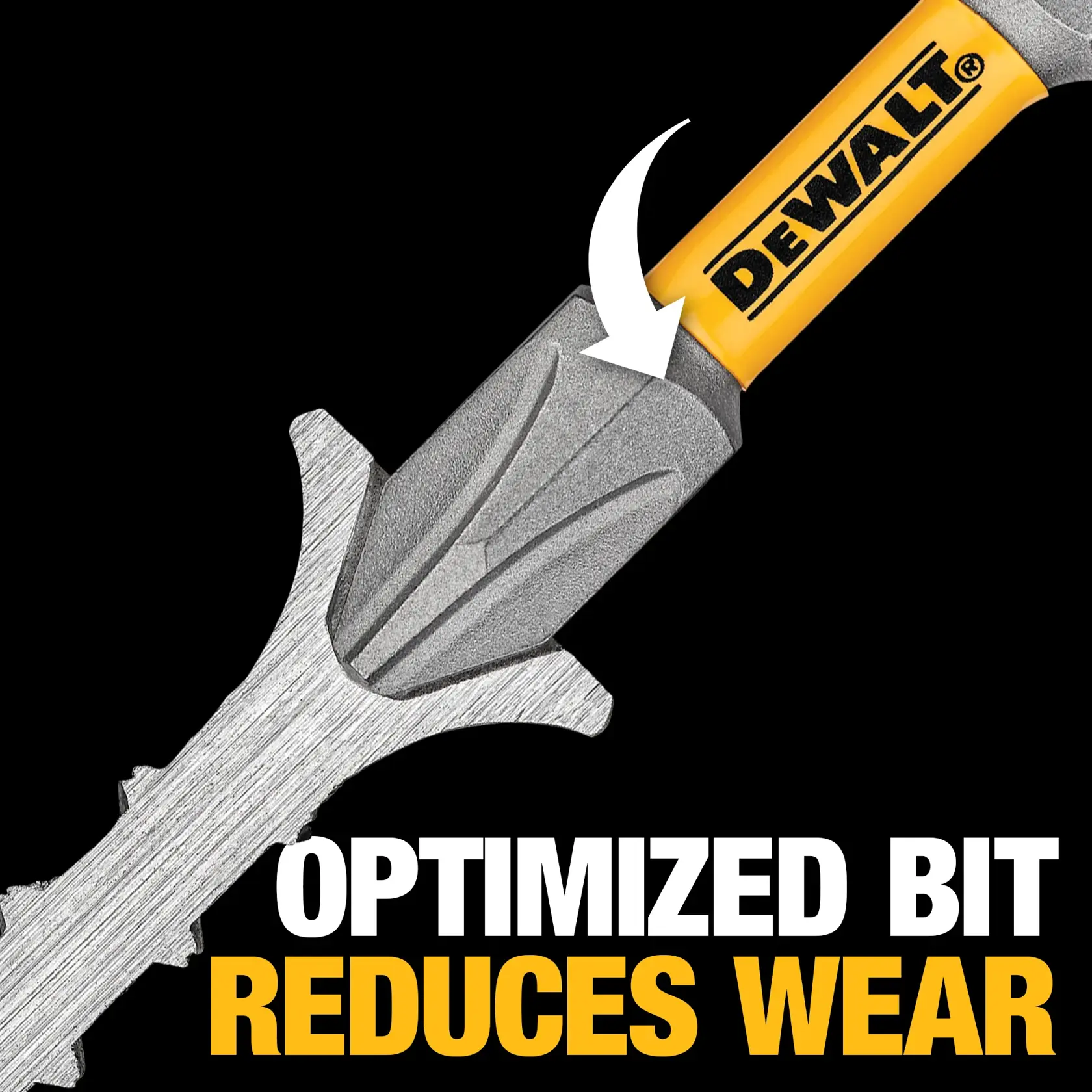 Close-up of a DEWALT screwdriver with an optimized bit design, featuring an arrow pointing to the tip. The text at the bottom reads: 'Optimized bit reduces wear.'